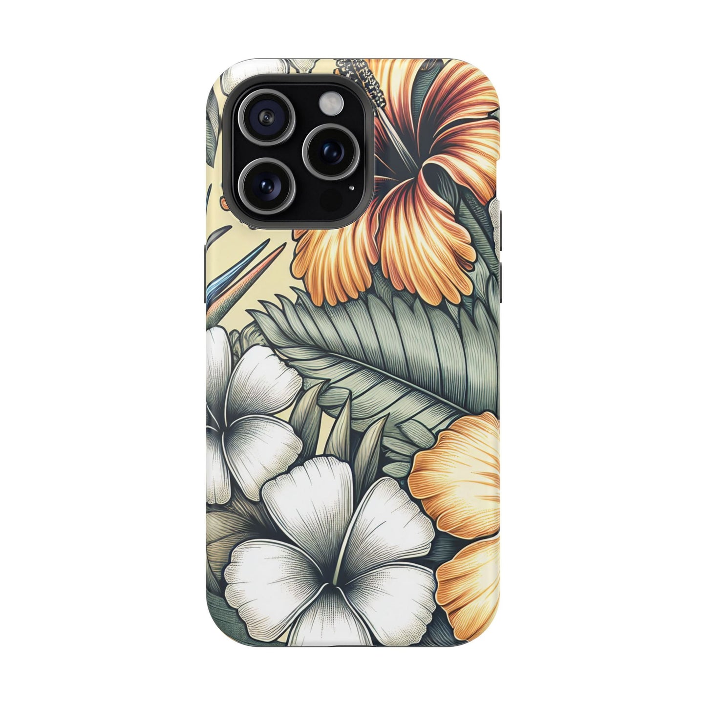 Golden Tropical Floral iPhone tough case with durable dual-layer protection and MagSafe compatibility