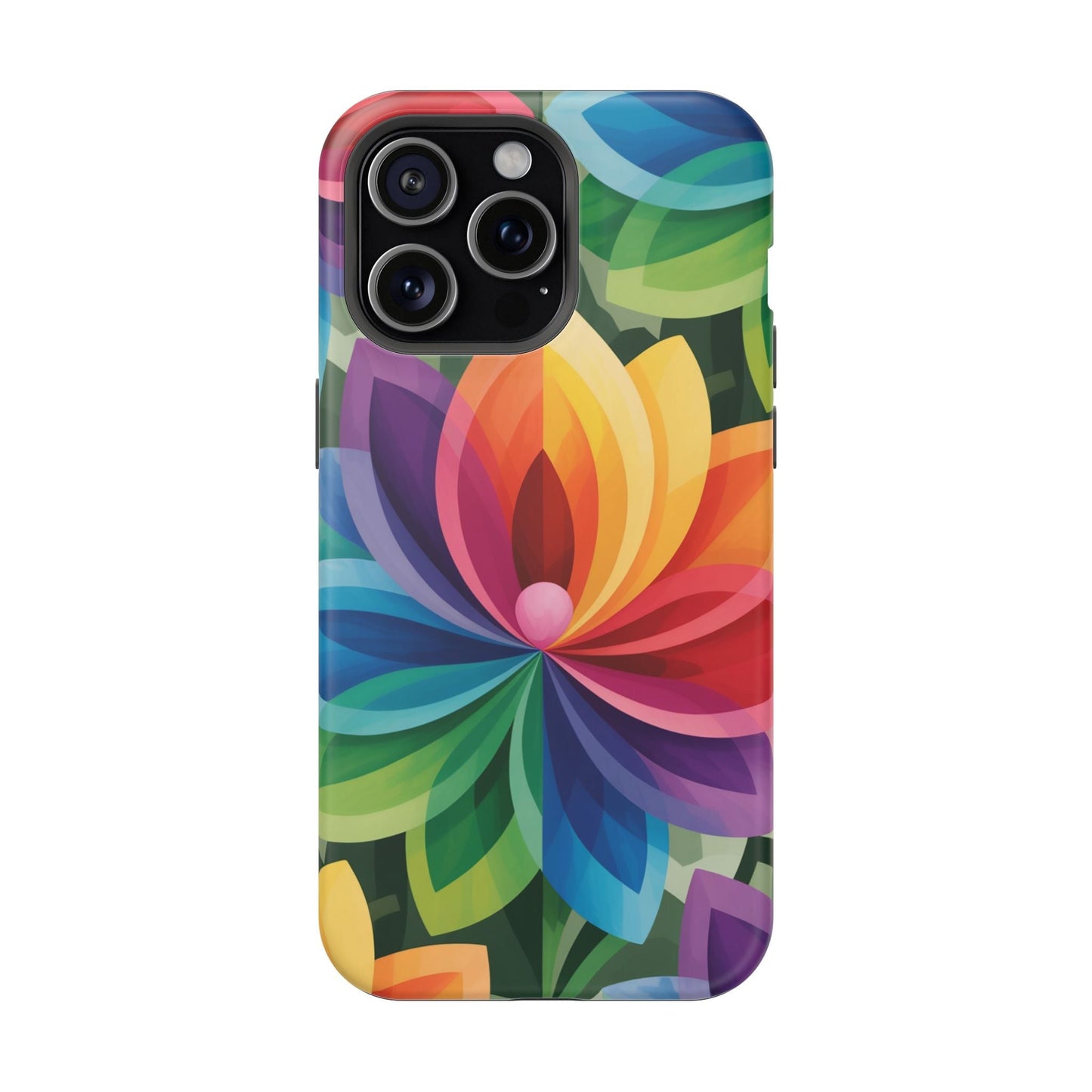 Rainbow Flower iPhone Case with vibrant multicolor floral design, magnetic tough dual-layer protection, and MagSafe compatibility.