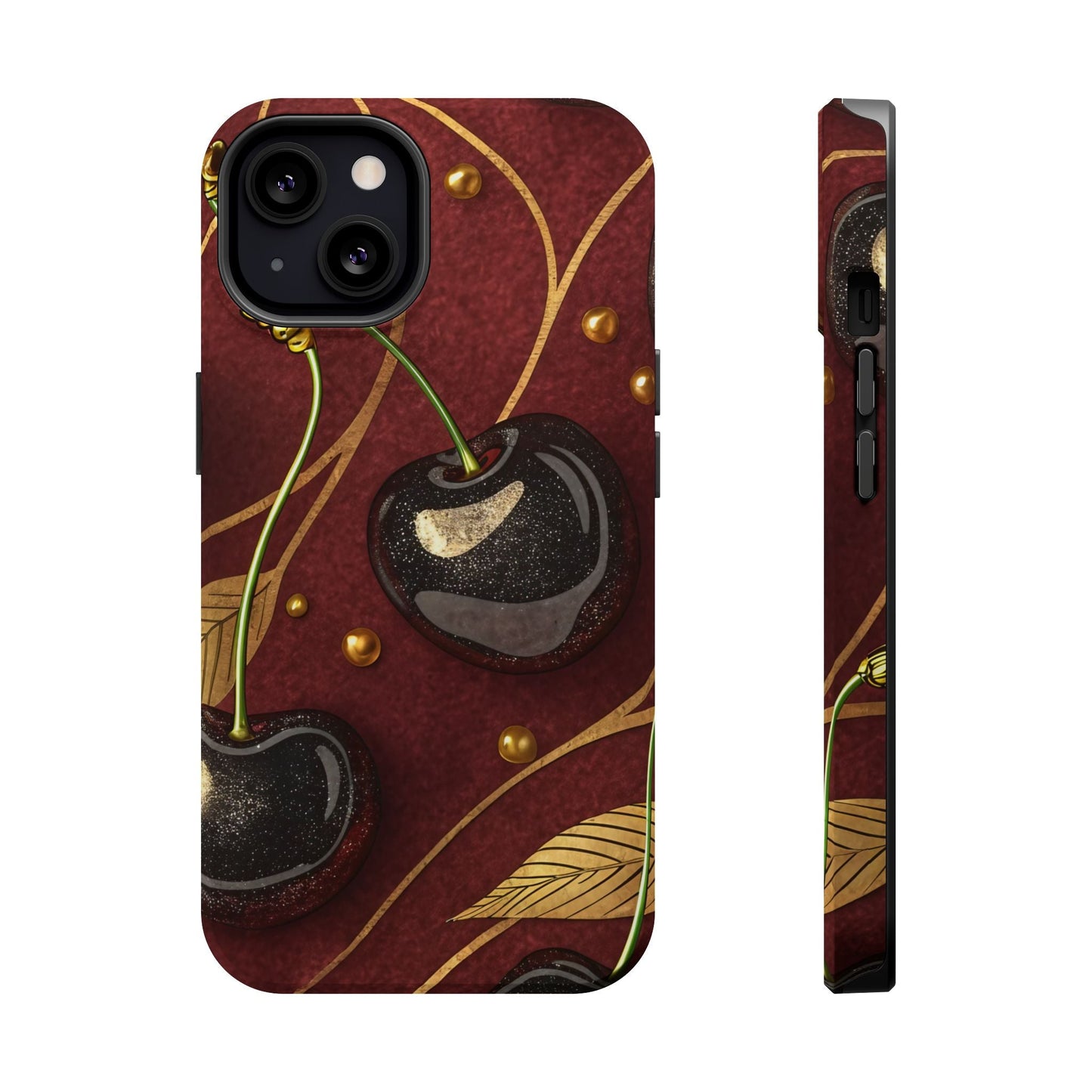 Golden Cherry iPhone Tough Case with vibrant cherry-gold design, durable dual-layer protection, and MagSafe compatibility.