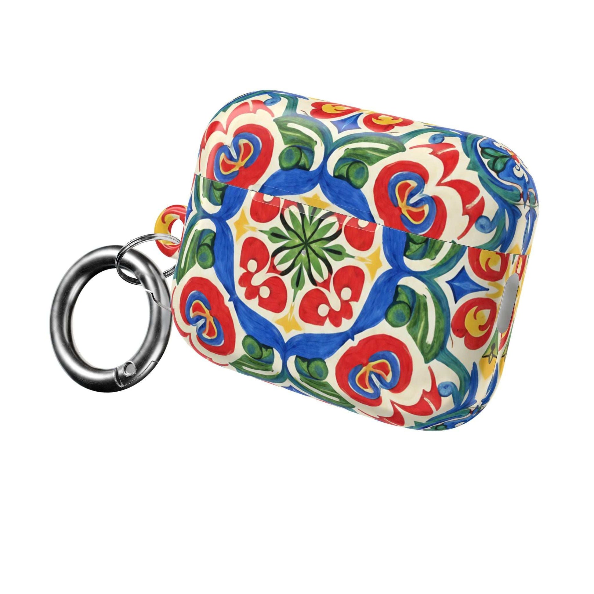 Mediterranean hand-painted folk tile design AirPods case with carabiner clip and glossy finish