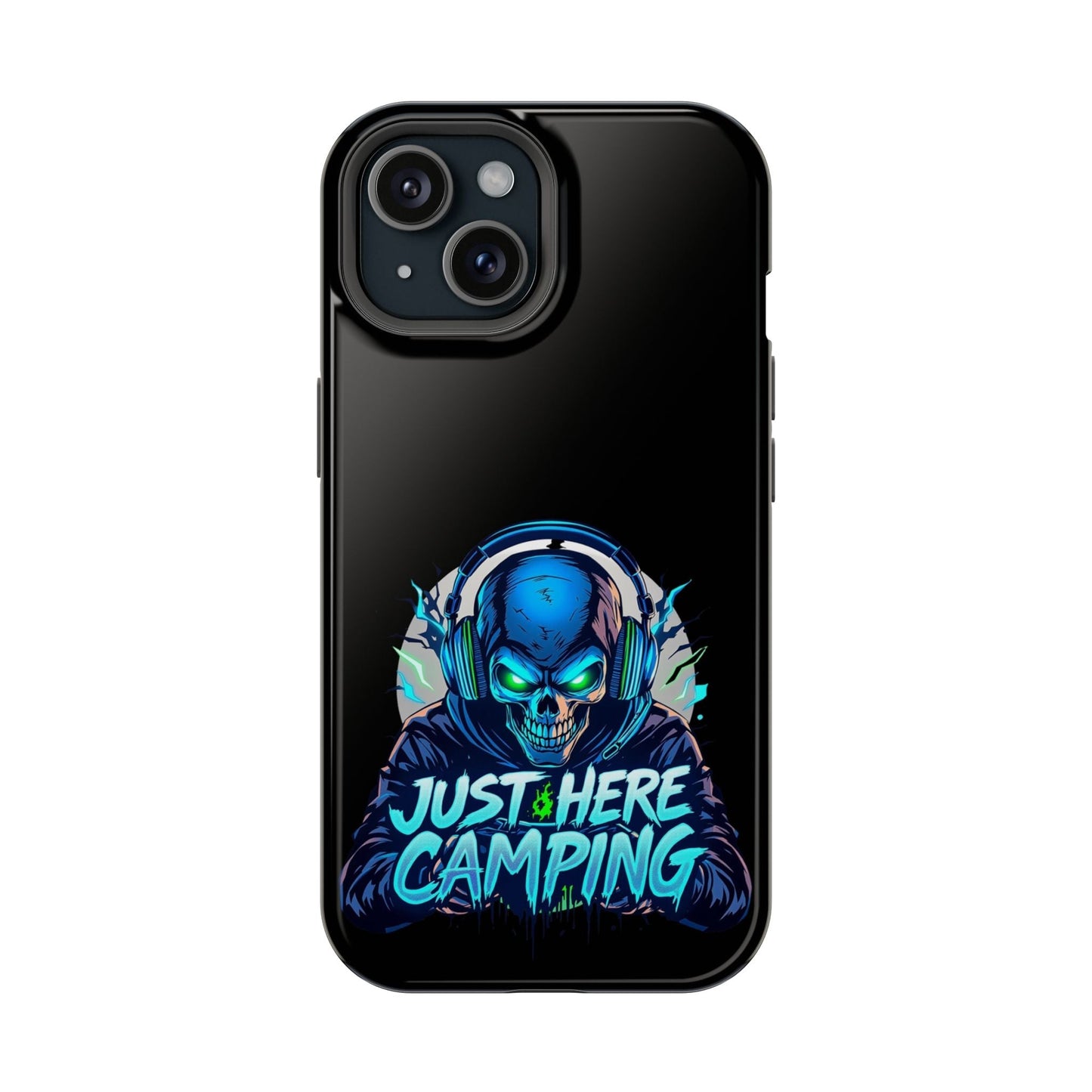 iPhone tough case with "Just Here Camping Gamer" skull design, durable polycarbonate and TPU protection, compatible with MagSafe accessories