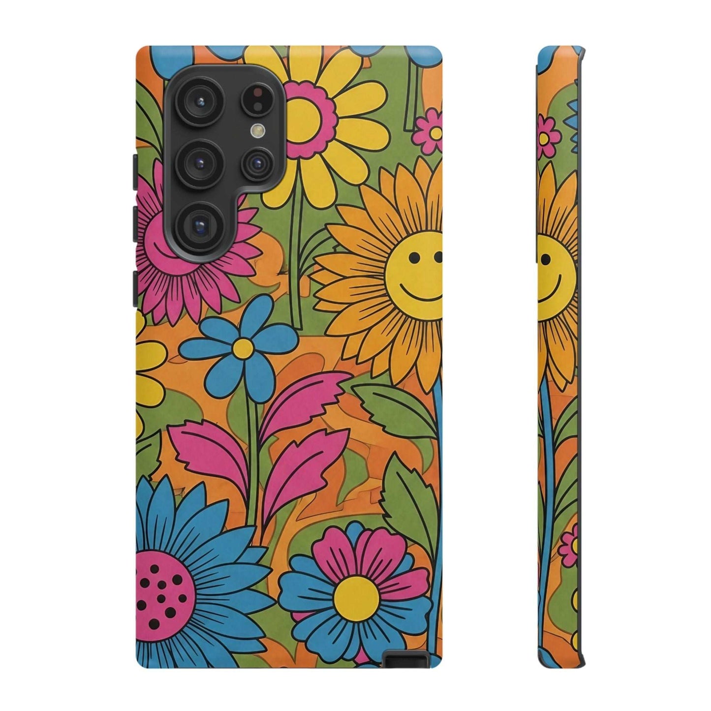 Samsung Phone Case with vibrant retro flower power design and durable shock-absorbing protection