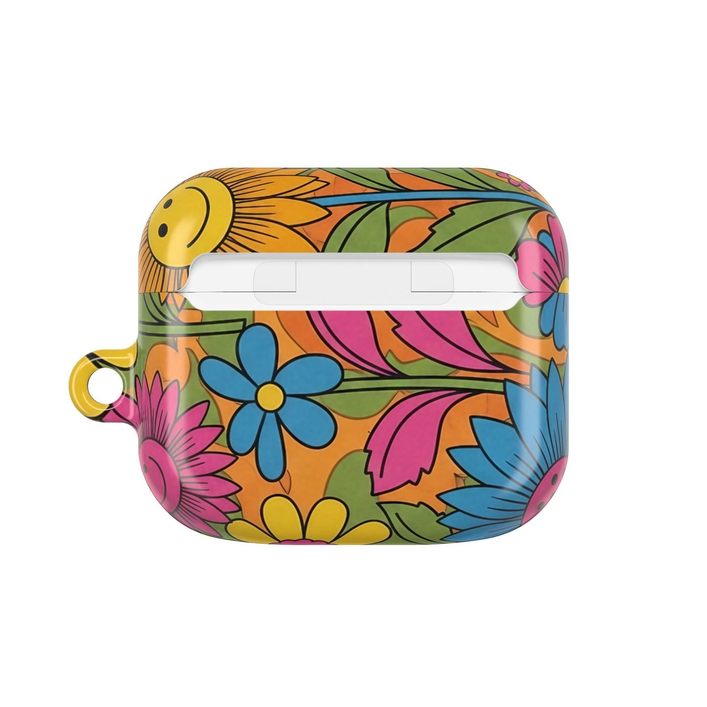 Flower Power AirPod Case with vibrant floral design, durable polycarbonate, and carabiner attachment