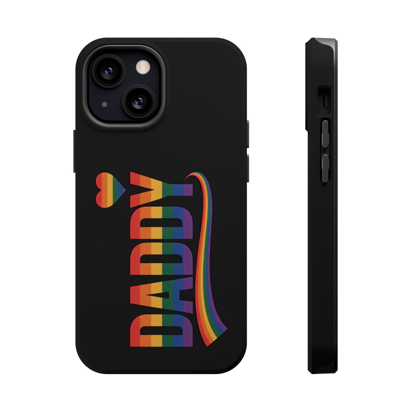 Black iPhone tough case with rainbow "DADDY" text and heart, LGBTQ+ pride design, compatible with MagSafe accessories