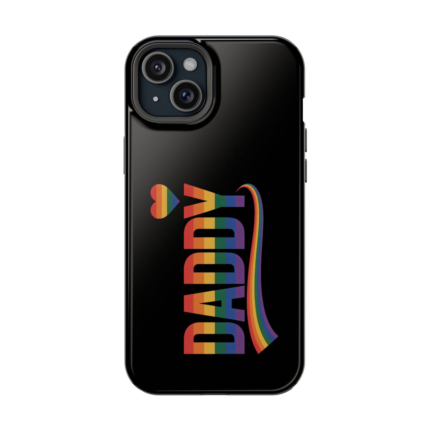 Black iPhone tough case with rainbow "DADDY" text and heart for Fun Daddy LGBT Daddy design