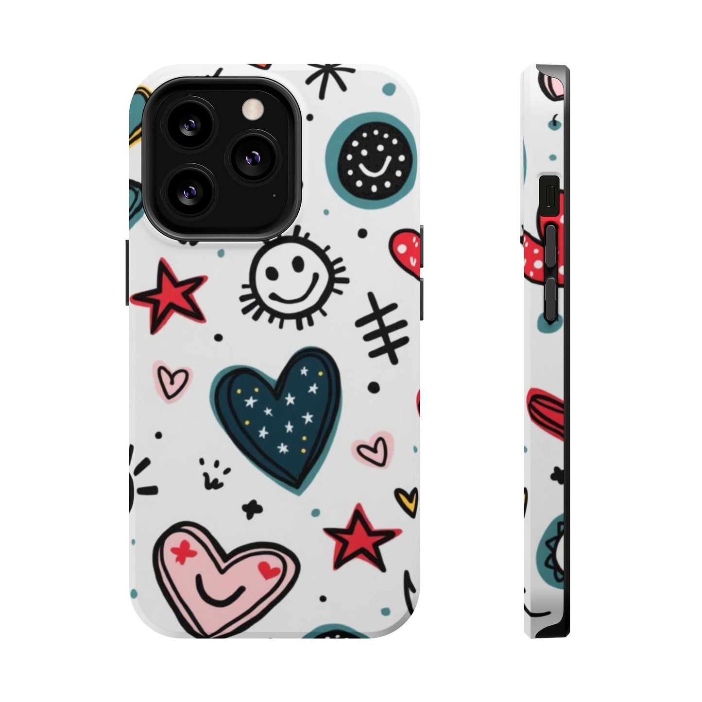 iPhone tough case with cartoon hearts, smiles, stars, and playful doodles in vibrant colors and durable protective design