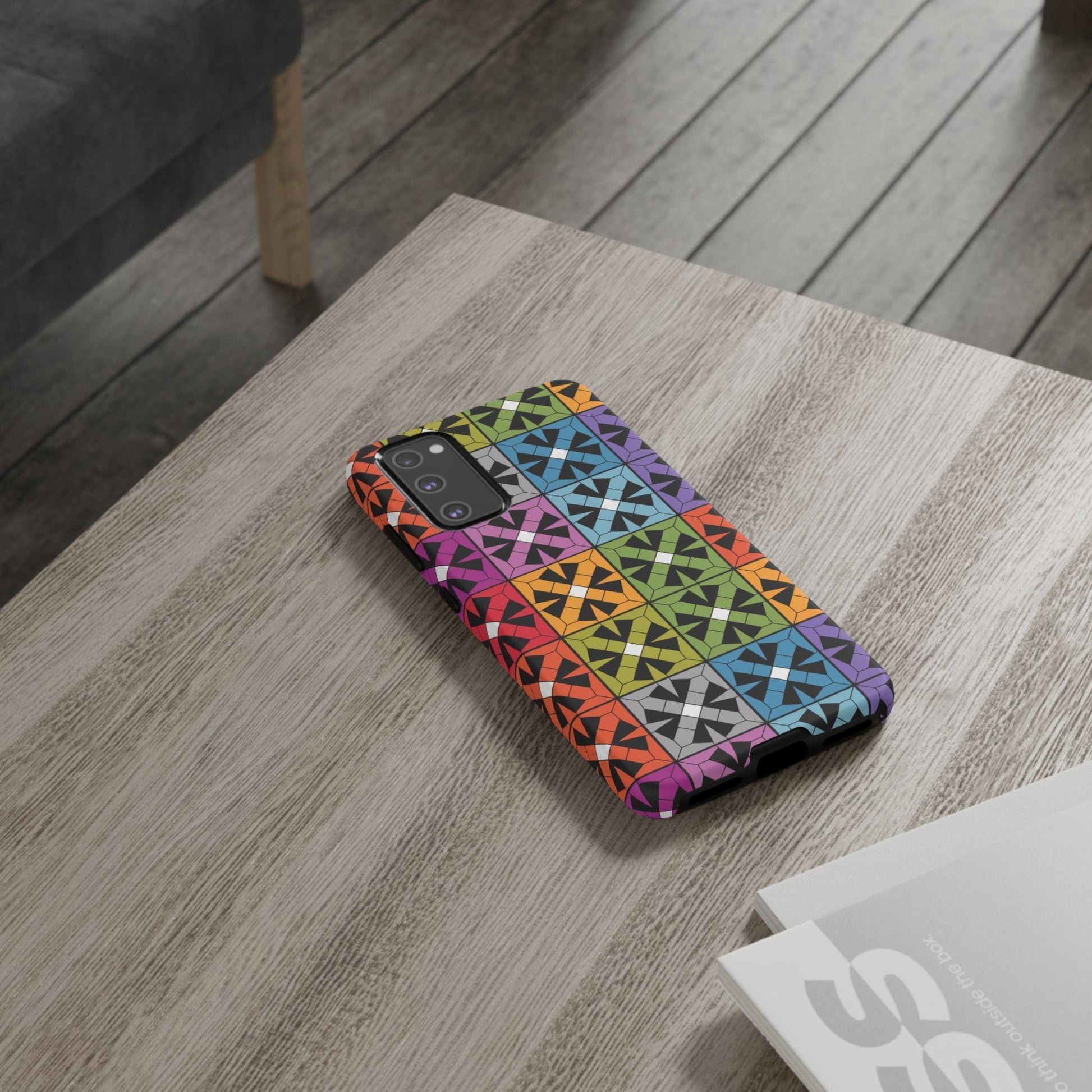 Rainbow abstract design Samsung tough case with vibrant square pattern and shock-resistant protection