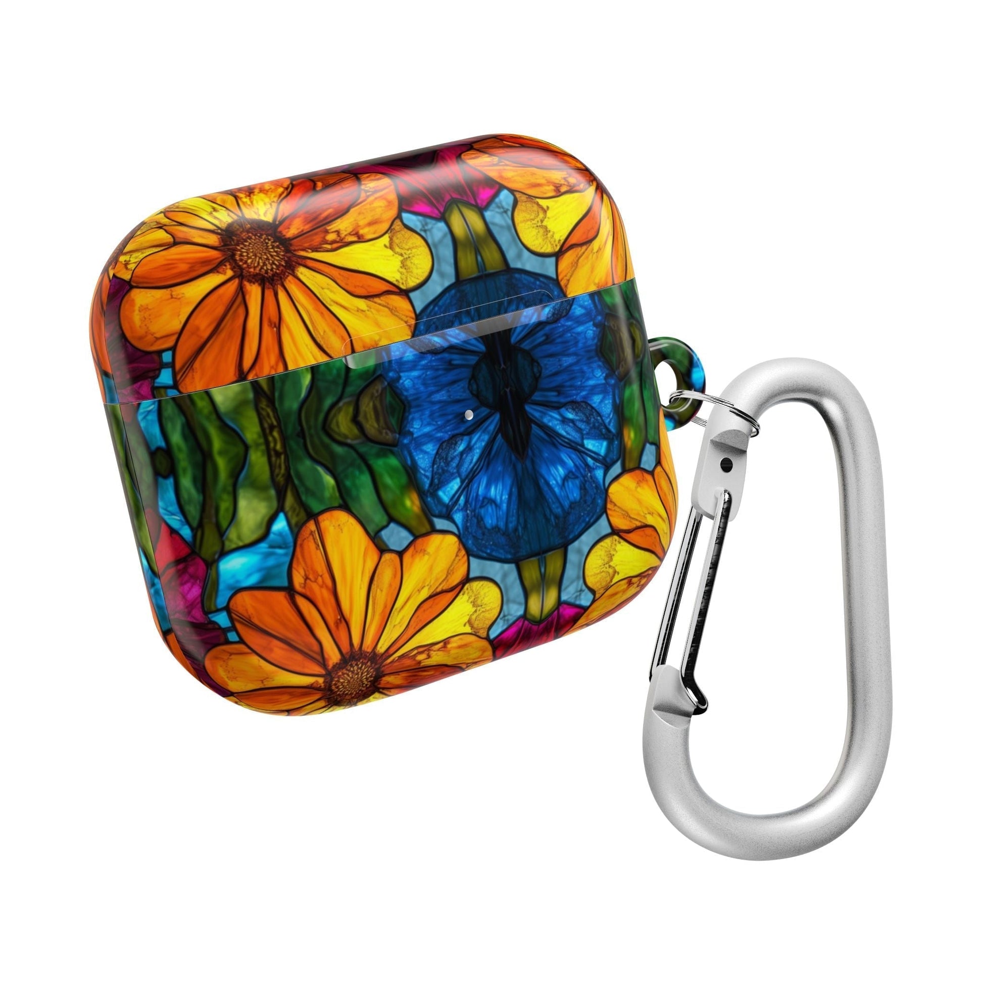 Colorful floral AirPods case with impact-resistant design and attached silver carabiner clip