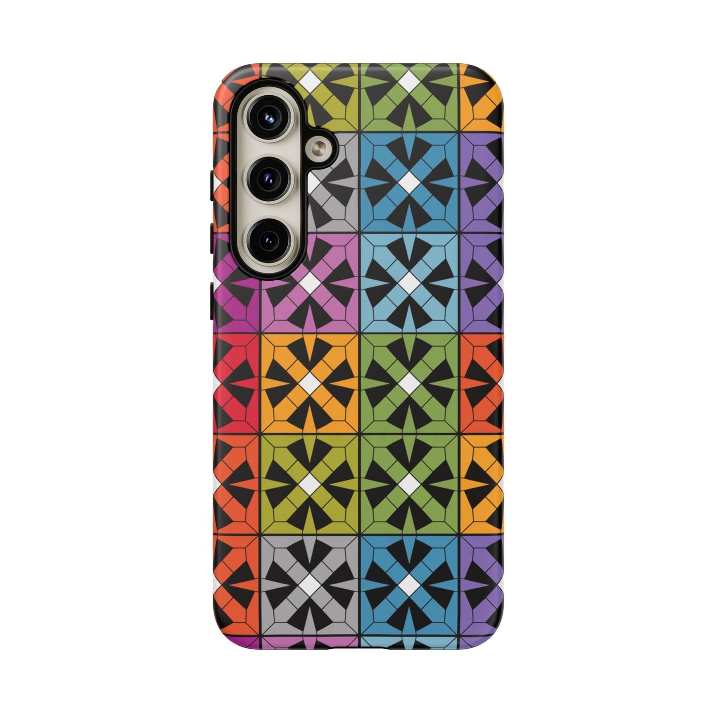 Samsung tough phone case with vibrant rainbow abstract square design and durable shock-resistant protection
