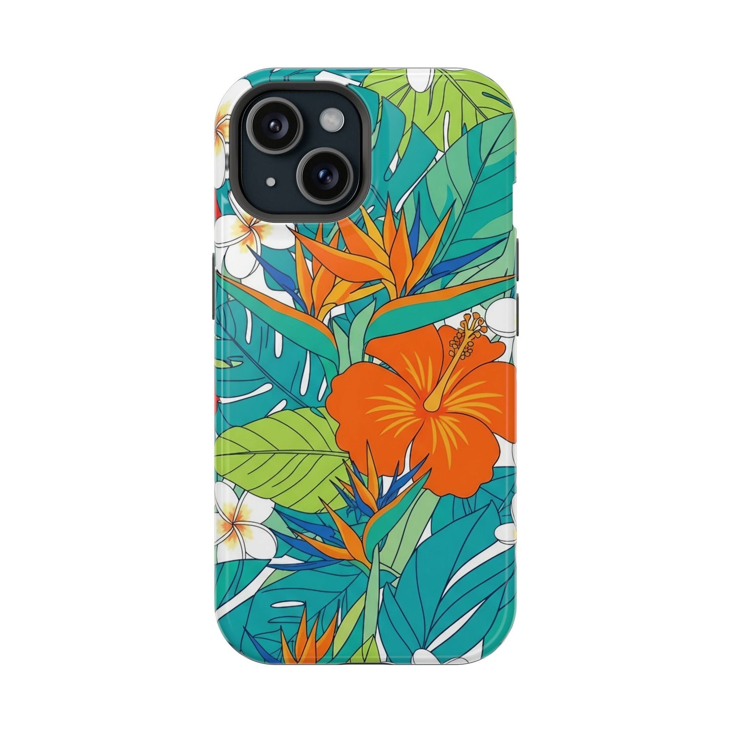 Vibrant floral iPhone case with durable polycarbonate, colorful tropical flower design, MagSafe compatible, glossy finish option