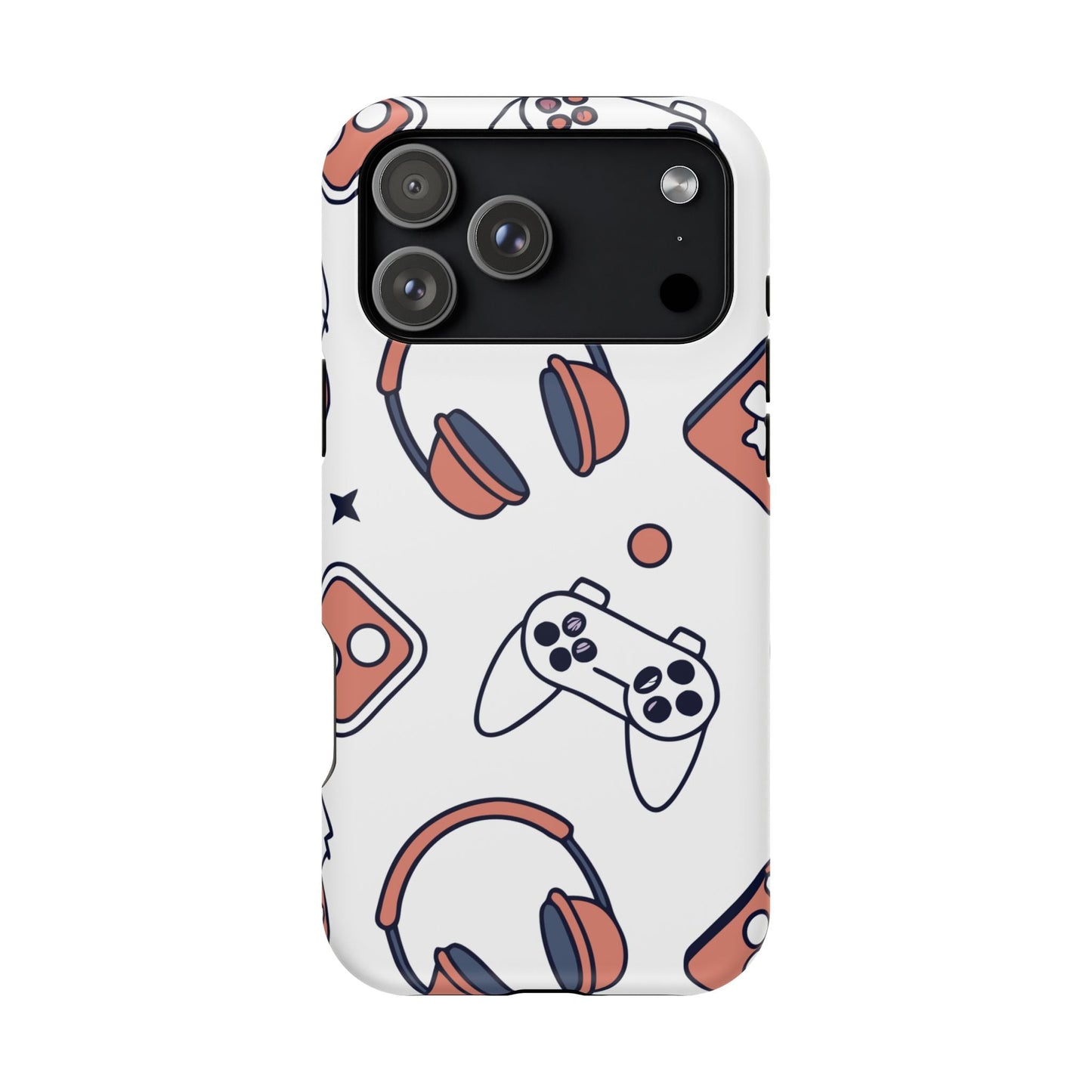 Gamer iPhone tough case with gaming controller and headphone design, durable protective polycarbonate and TPU material, compatible with iPhone 14 Pro.