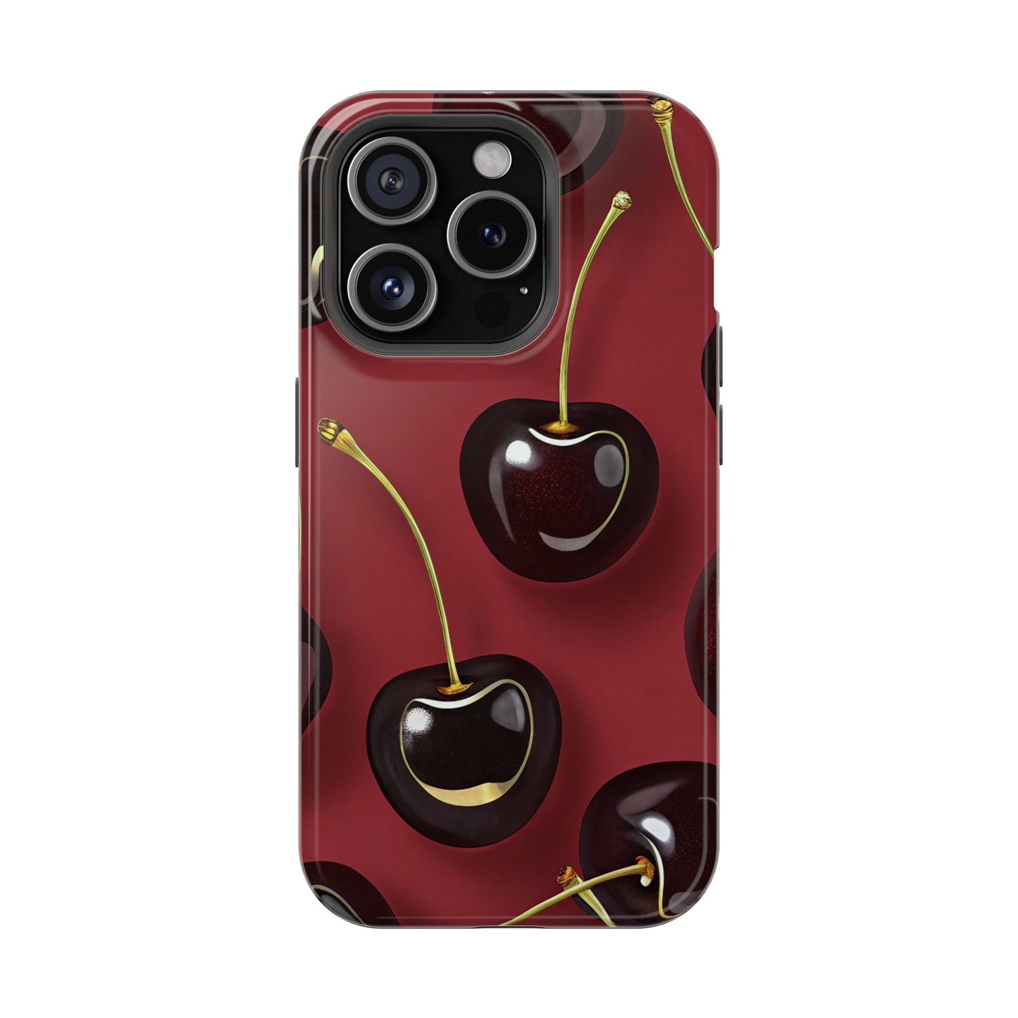 Cherry iPhone tough case with vibrant photo-realistic cherry design, dual-layer protection, and MagSafe compatibility