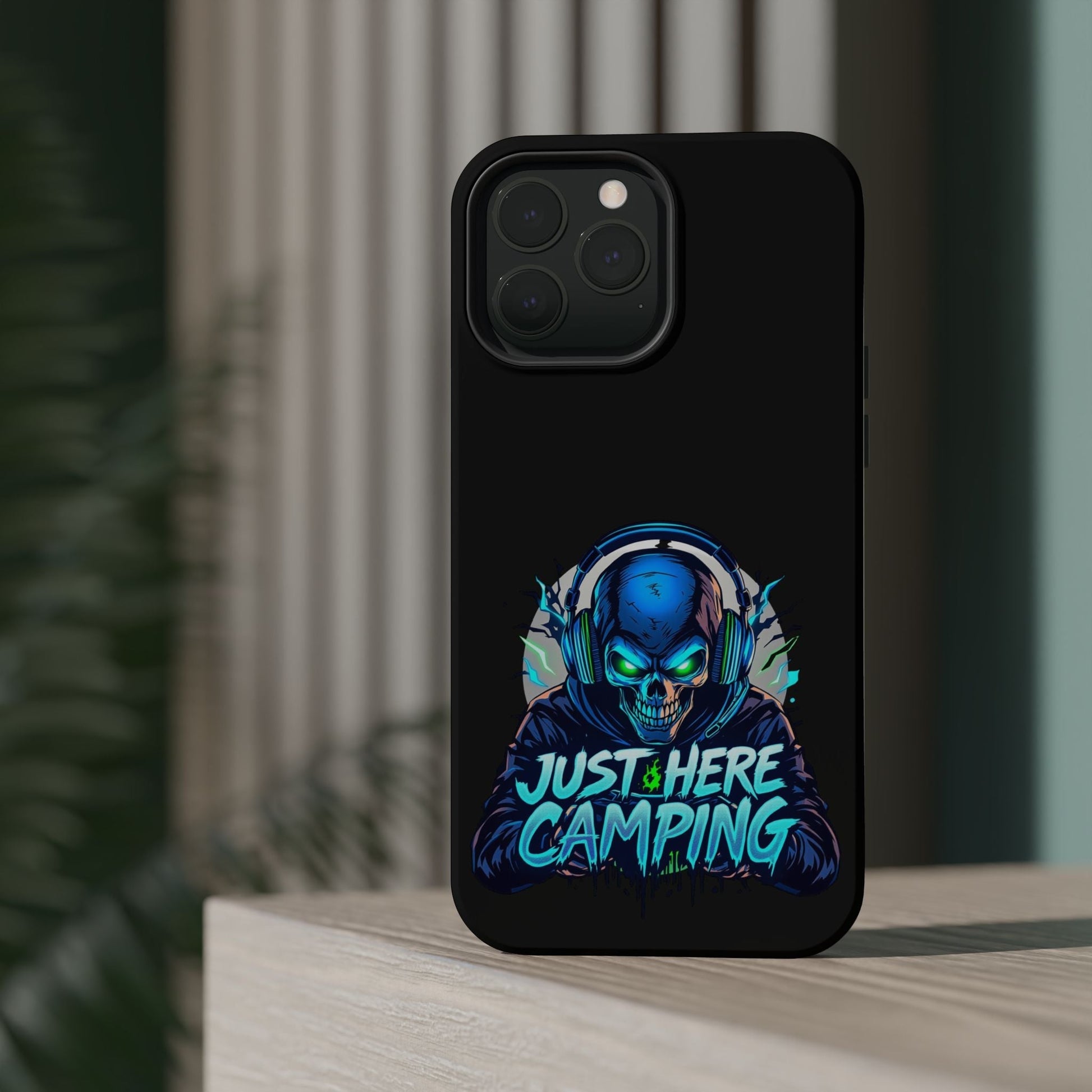 iPhone tough case with Just Here Camping Gamer skull design in vibrant colors and MagSafe compatibility