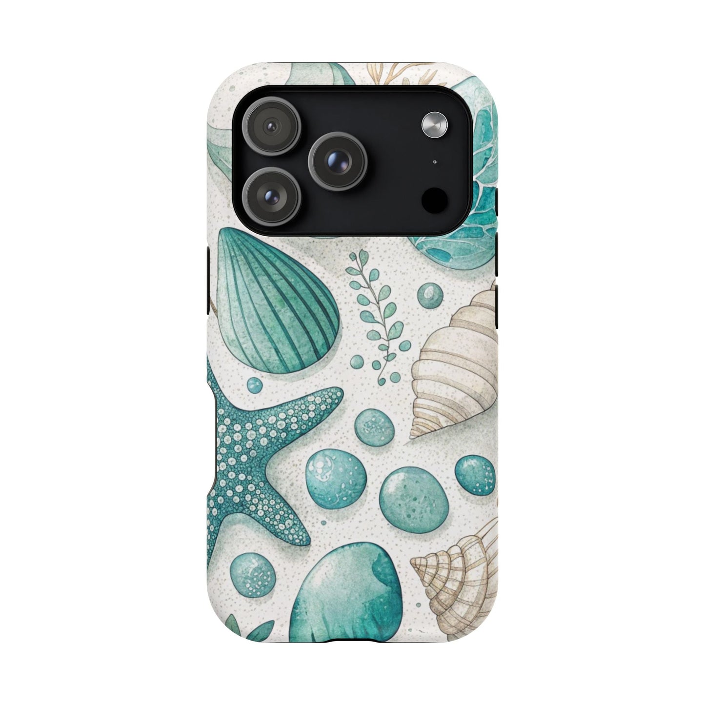Celebration Sea iPhone Tough Case with sea shell and starfish design, durable protective dual-layer cover with MagSafe compatibility.