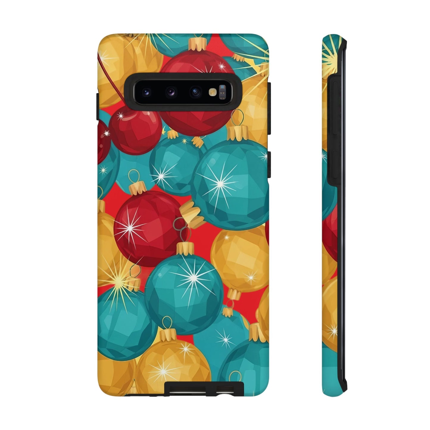 Samsung phone case with festive red, blue, and gold Christmas bulb design, durable and shock-absorbent Holiday Bulb Samsung Case