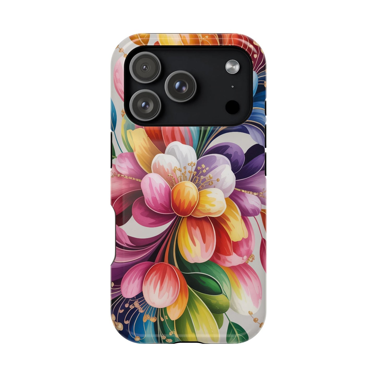 Vibrant Floral iPhone Case with colorful flower design, dual-layer protection, and MagSafe compatibility for iPhone.