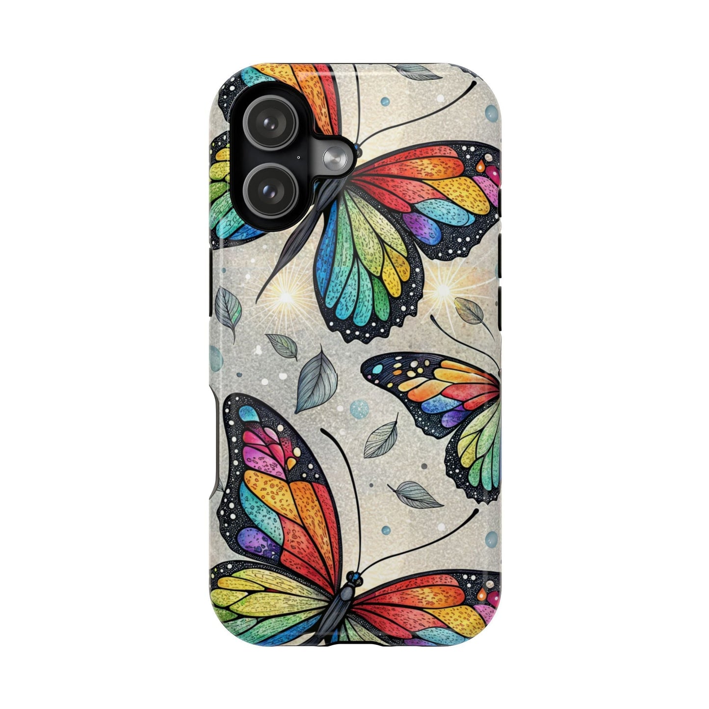 Vibrant Rainbow Butterfly dual-layer iPhone case with colorful butterfly design and MagSafe compatibility