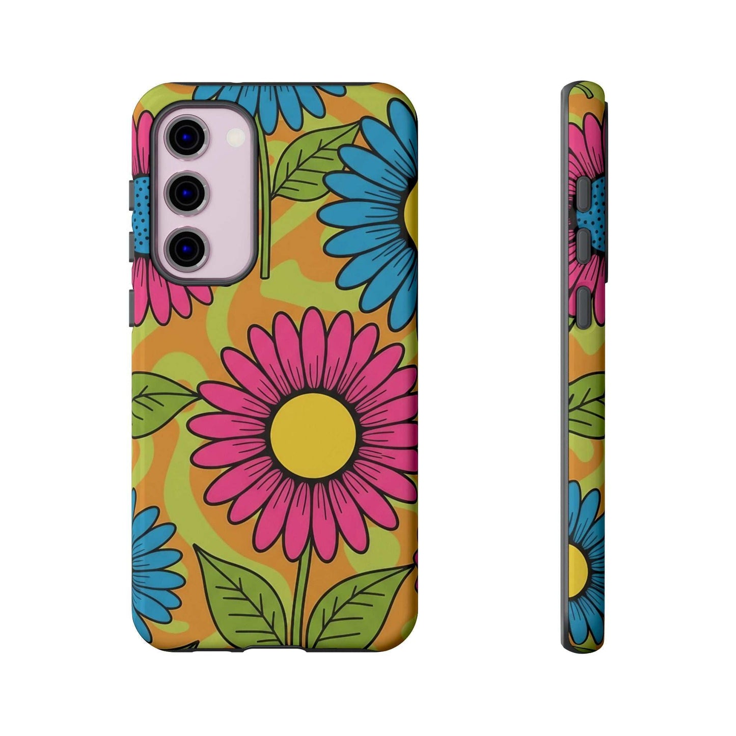 Samsung Tough Case with colorful floral design, durable and impact-resistant phone protection with shock-absorption and wireless charging compatibility