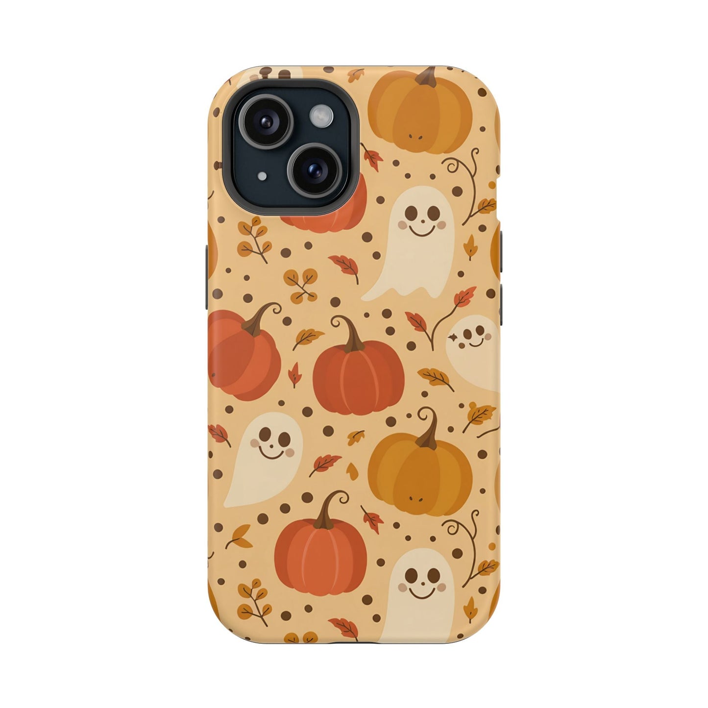 Halloween Spooky Pumpkins iPhone case with ghost and pumpkin design, durable protective cover with MagSafe compatibility