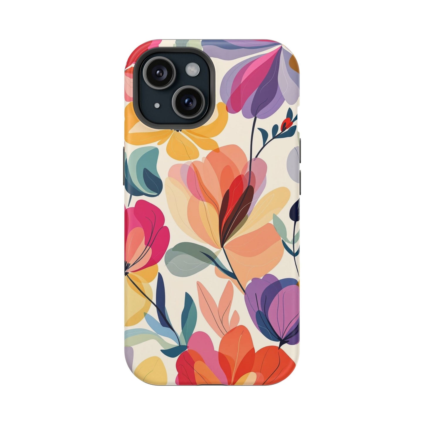 Colorful watercolor floral iPhone case with durable polycarbonate construction, vibrant full-wrap print, and dual-layer protection.