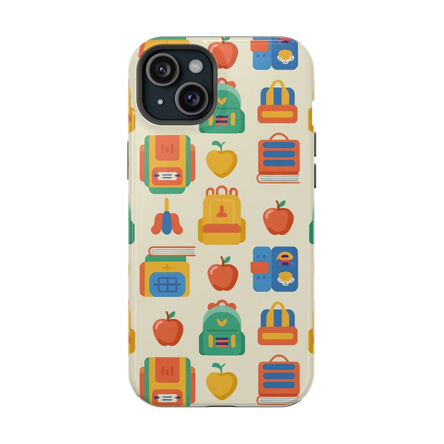 Durable Back to School Phone Case for iPhone with colorful school-themed icons and MagSafe compatibility