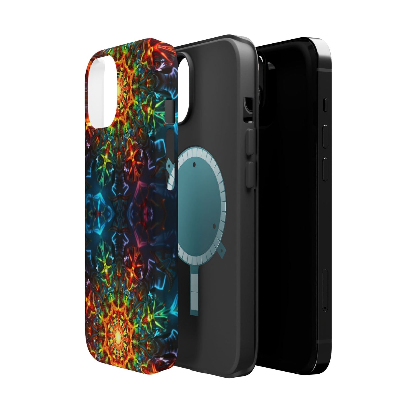 Colorful abstract kaleidoscope design iPhone case with durable dual-layer protection and MagSafe compatibility