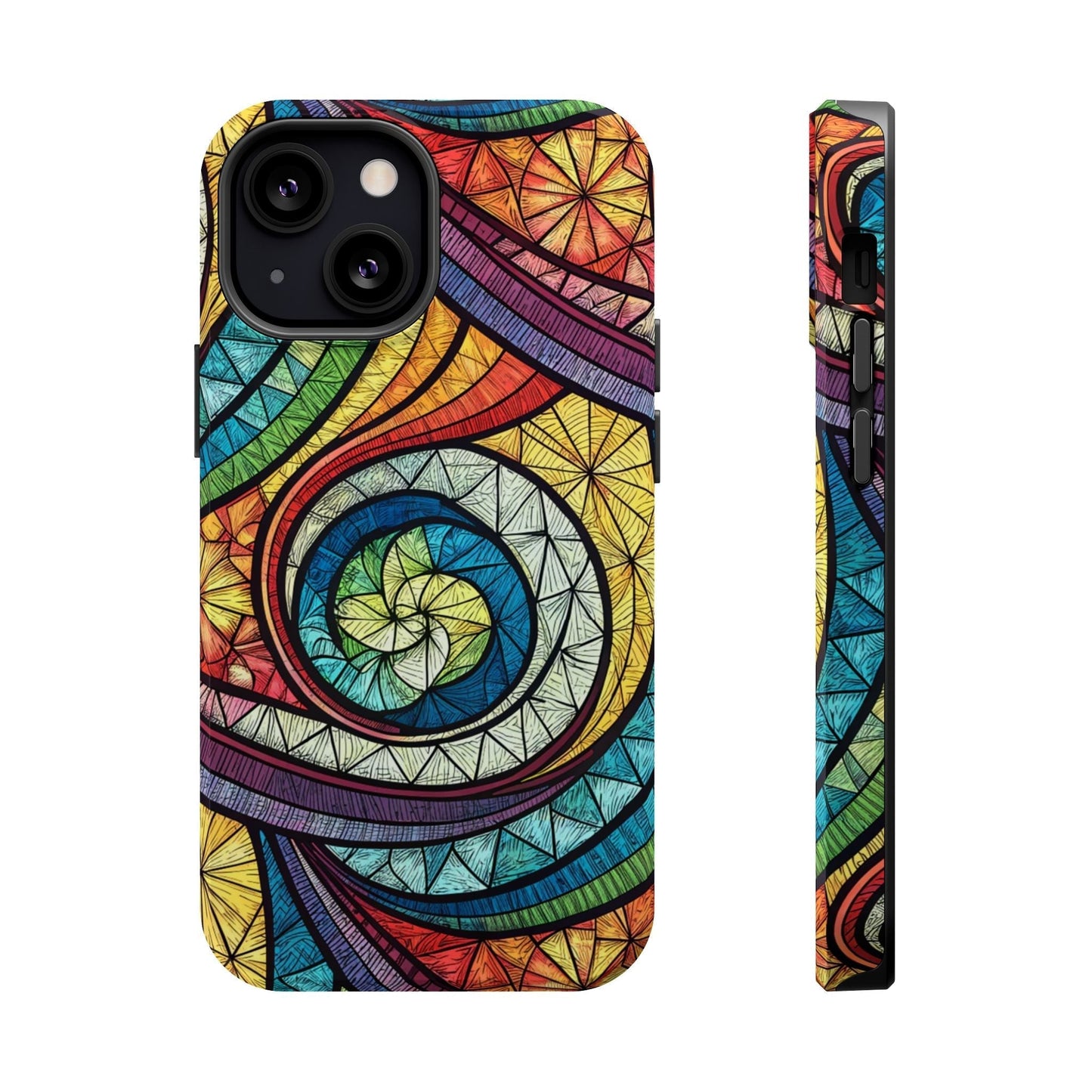 Stained glass inspired rainbow swirl design iPhone case with durable dual layer protection and MagSafe compatibility