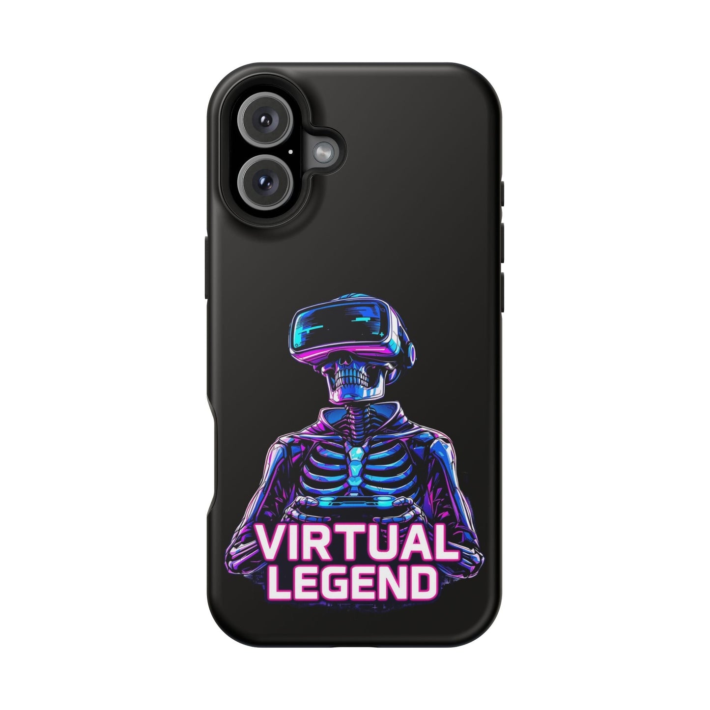 Black iPhone tough case with a glowing neon skeleton wearing a VR headset and "Virtual Legend" text design