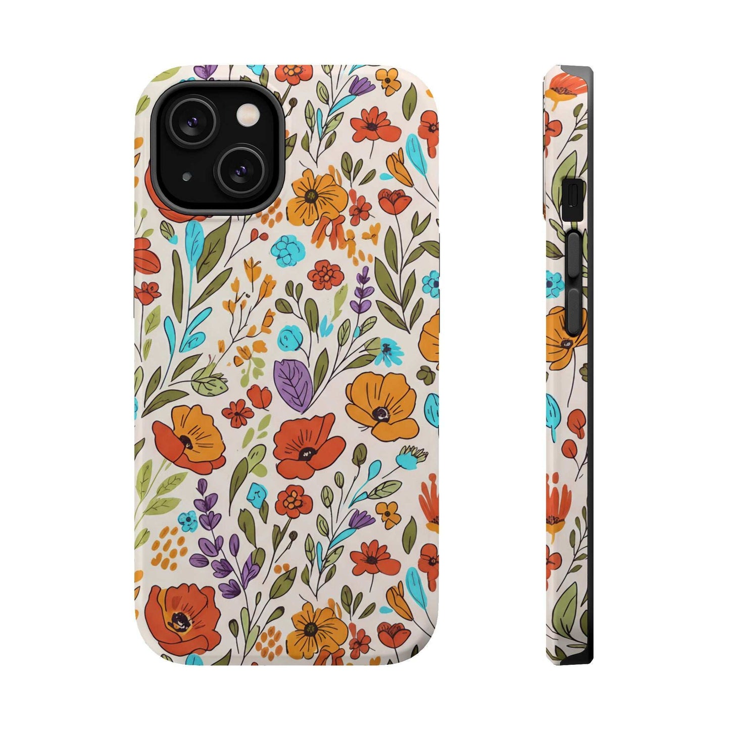 Floral Drawing iPhone Case with colorful flower design, slim magnetic impact-resistant cover with full-wrap print and dual-layer protection