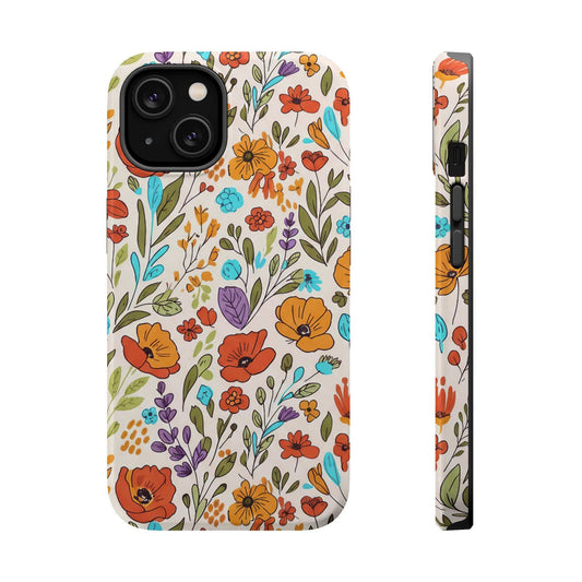 Floral Drawing iPhone Case with colorful flower design, slim magnetic impact-resistant cover with full-wrap print and dual-layer protection
