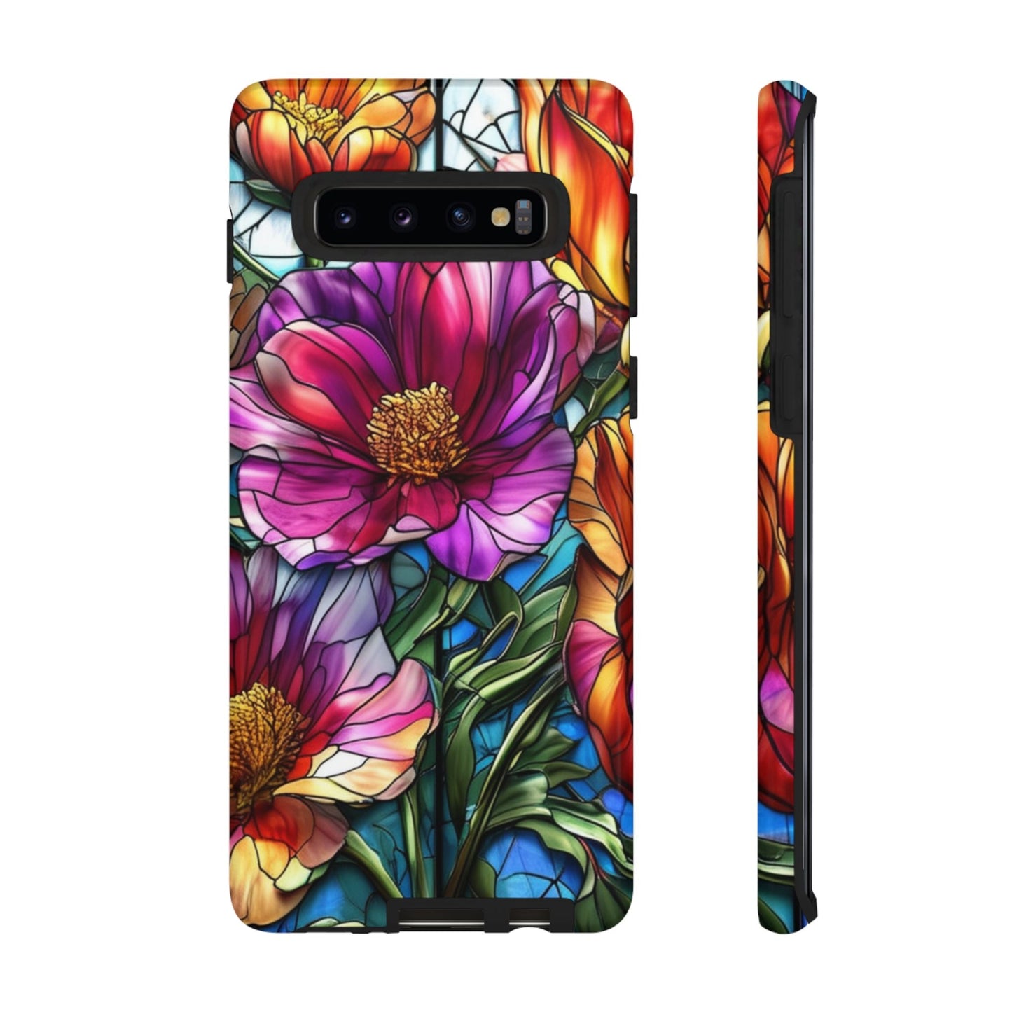 Samsung phone case with vibrant purple flower design, durable and protective with colorful floral art