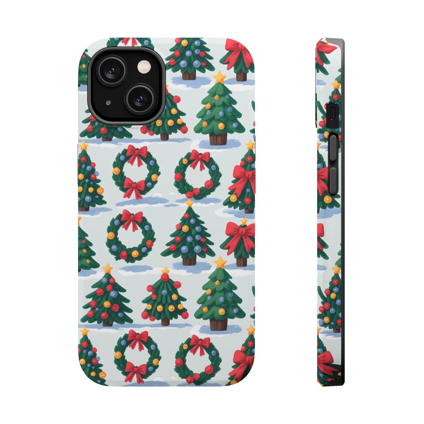 iPhone case with festive Holiday Tree and Wreath pattern, durable dual-layer protection and MagSafe compatibility