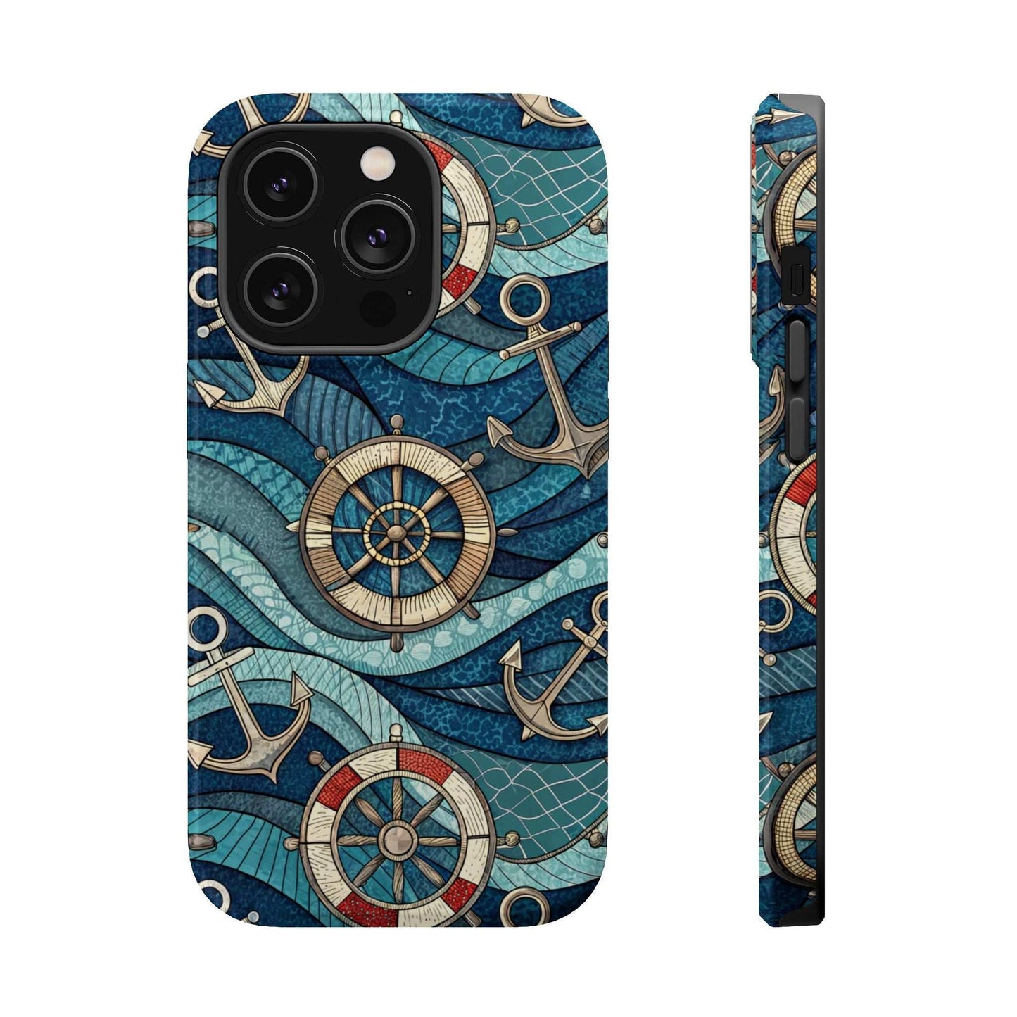 Nautical Theme iPhone Case with anchors and ship wheels design on blue ocean waves pattern, durable protective cover for iPhone 13-16 series