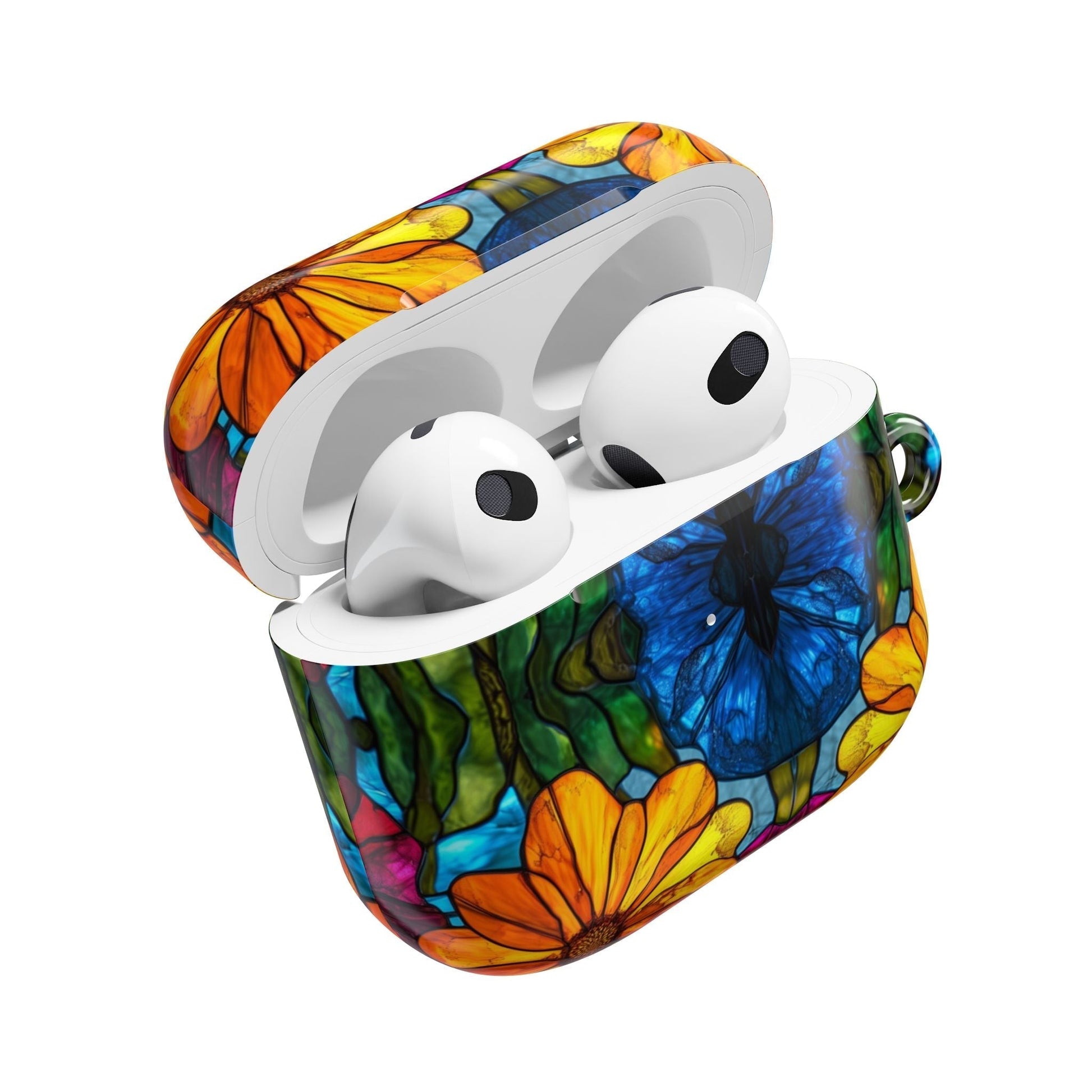 Colorful floral AirPods case with impact-resistant and scratch-resistant design, featuring a carabiner for easy carrying and compatible with multiple AirPods models.