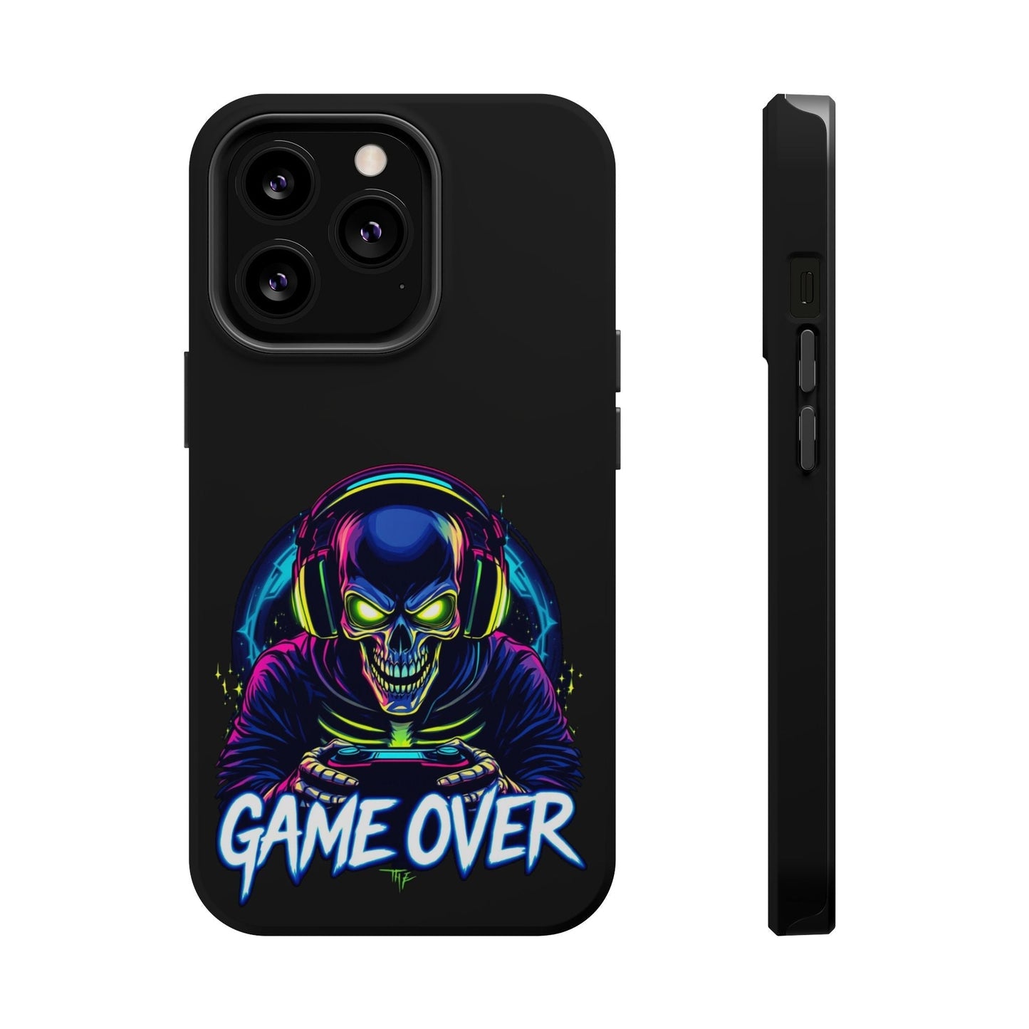 Game Over Gamer iPhone tough case with vibrant skull gamer design and MagSafe compatibility