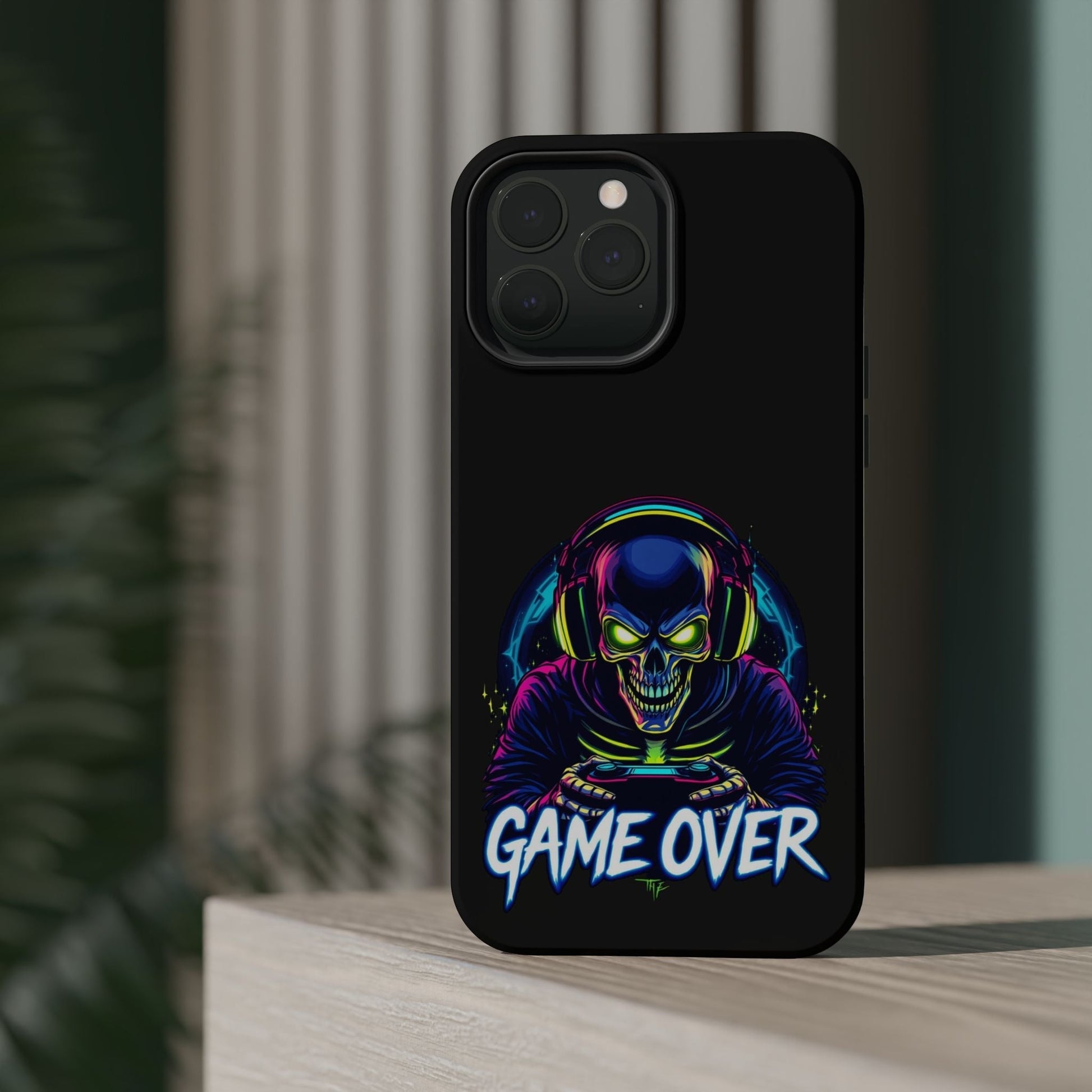 Game Over Gamer iPhone tough case with vibrant skull gamer design and MagSafe compatibility