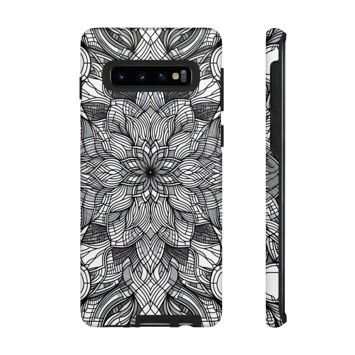 Black and white art explosion patterned Samsung phone case with full protection and intricate design