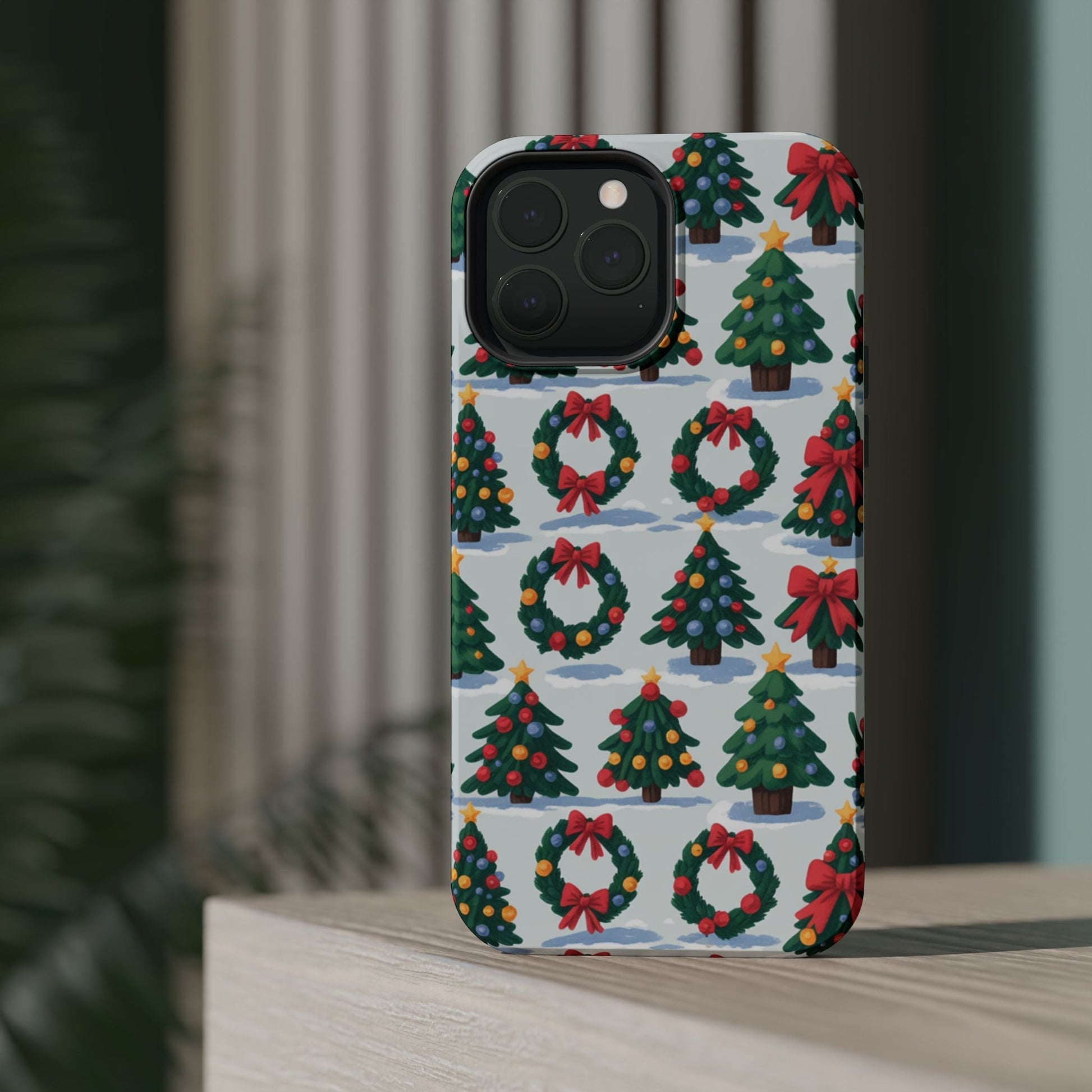 iPhone case with festive holiday tree and wreath pattern for Christmas protection and style