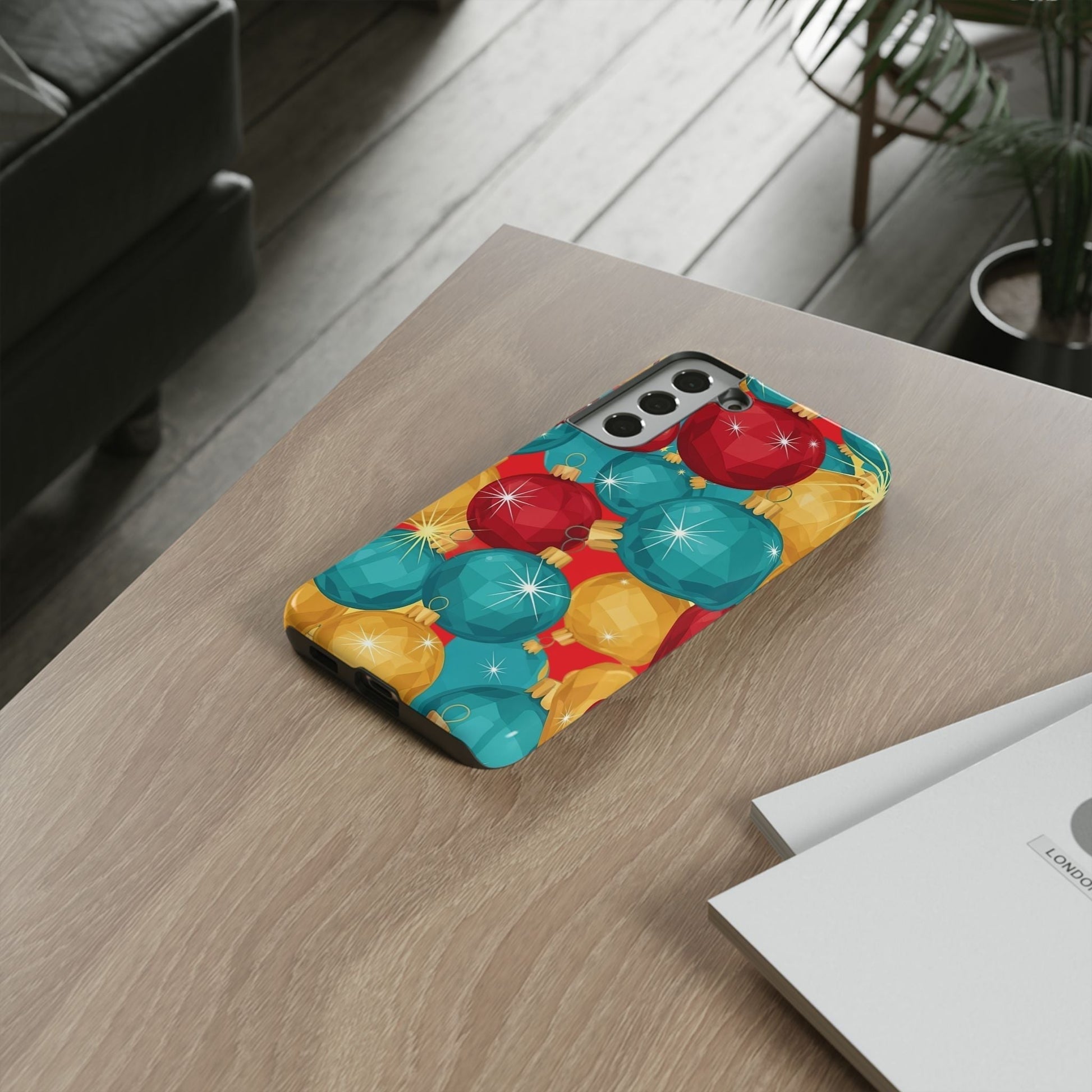 Samsung phone case with colorful Christmas tree sparkle bulb design, durable shock-absorbing holiday bulb Samsung case