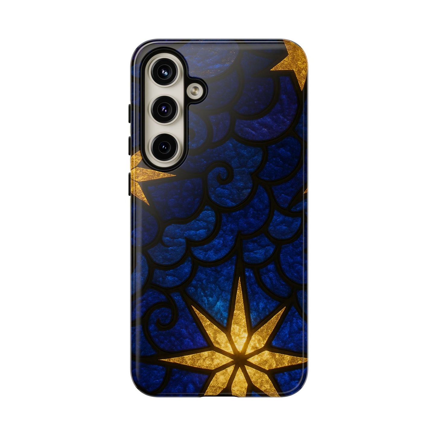 Golden Star Samsung phone case with blue and gold star design, durable and impact-resistant protection for Samsung Galaxy phones