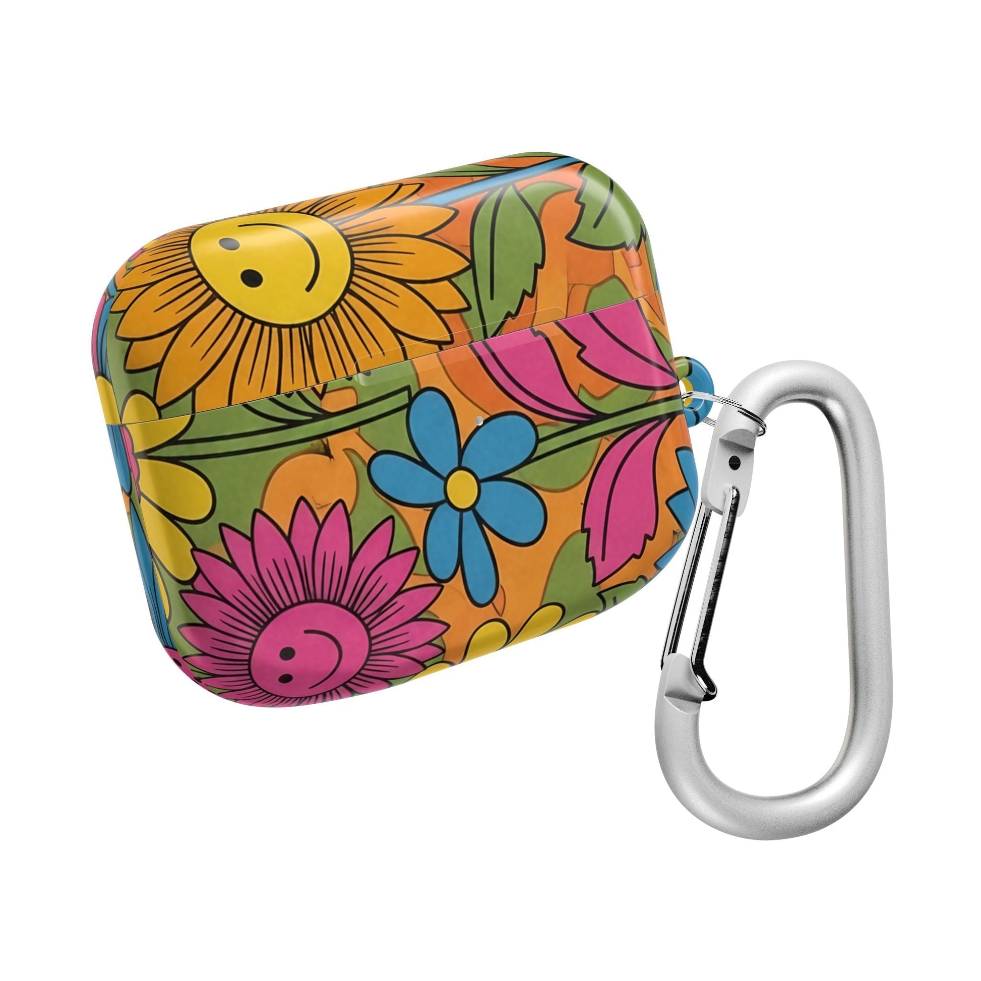 Flower Power AirPod Case with colorful floral design and included carabiner clip