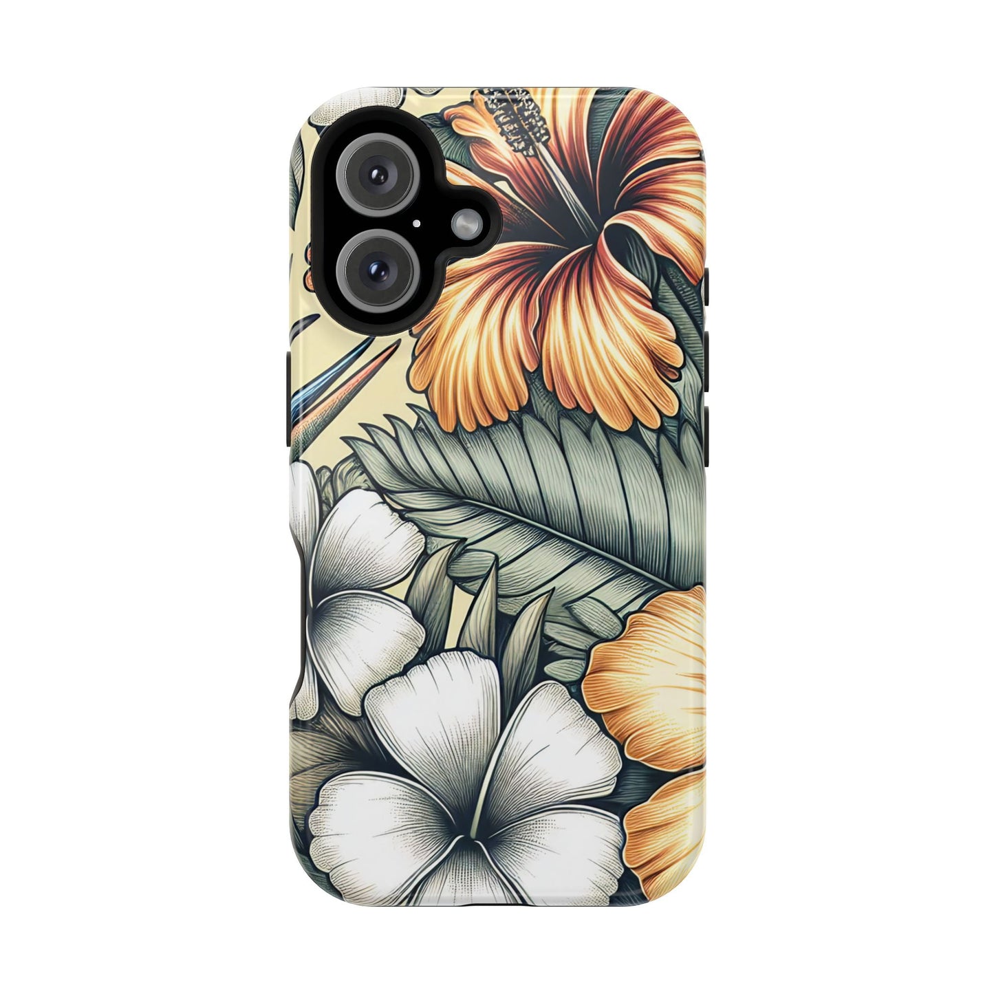 Golden Tropical Floral iPhone tough case with durable dual-layer protection and MagSafe compatibility
