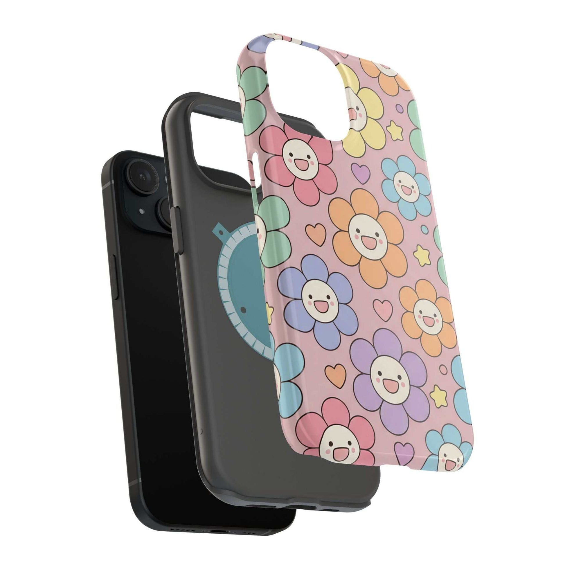 Happy Flower iPhone tough case with colorful smiling flower design and magnetic impact resistance