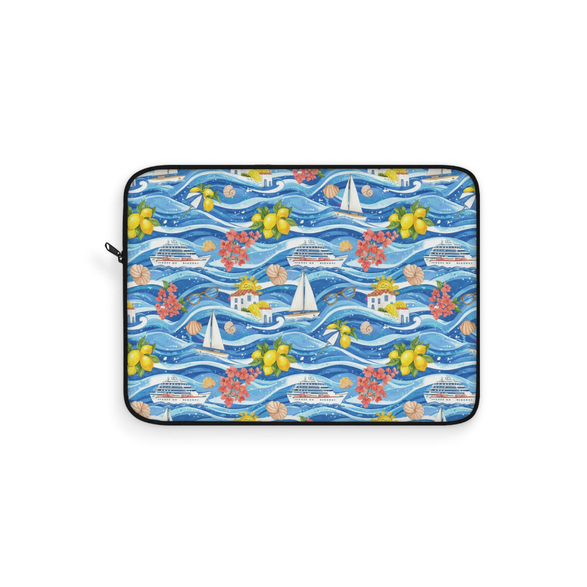 Laptop sleeve with a seamless pattern of cruise ships, sailboats, lemons, and houses on wavy blue water.