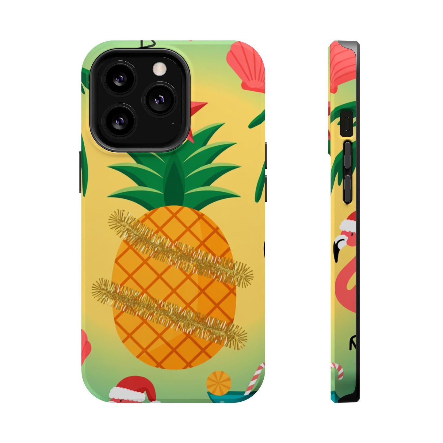 iPhone case with festive pineapple and Christmas design, MagSafe compatible, durable polycarbonate, vibrant print