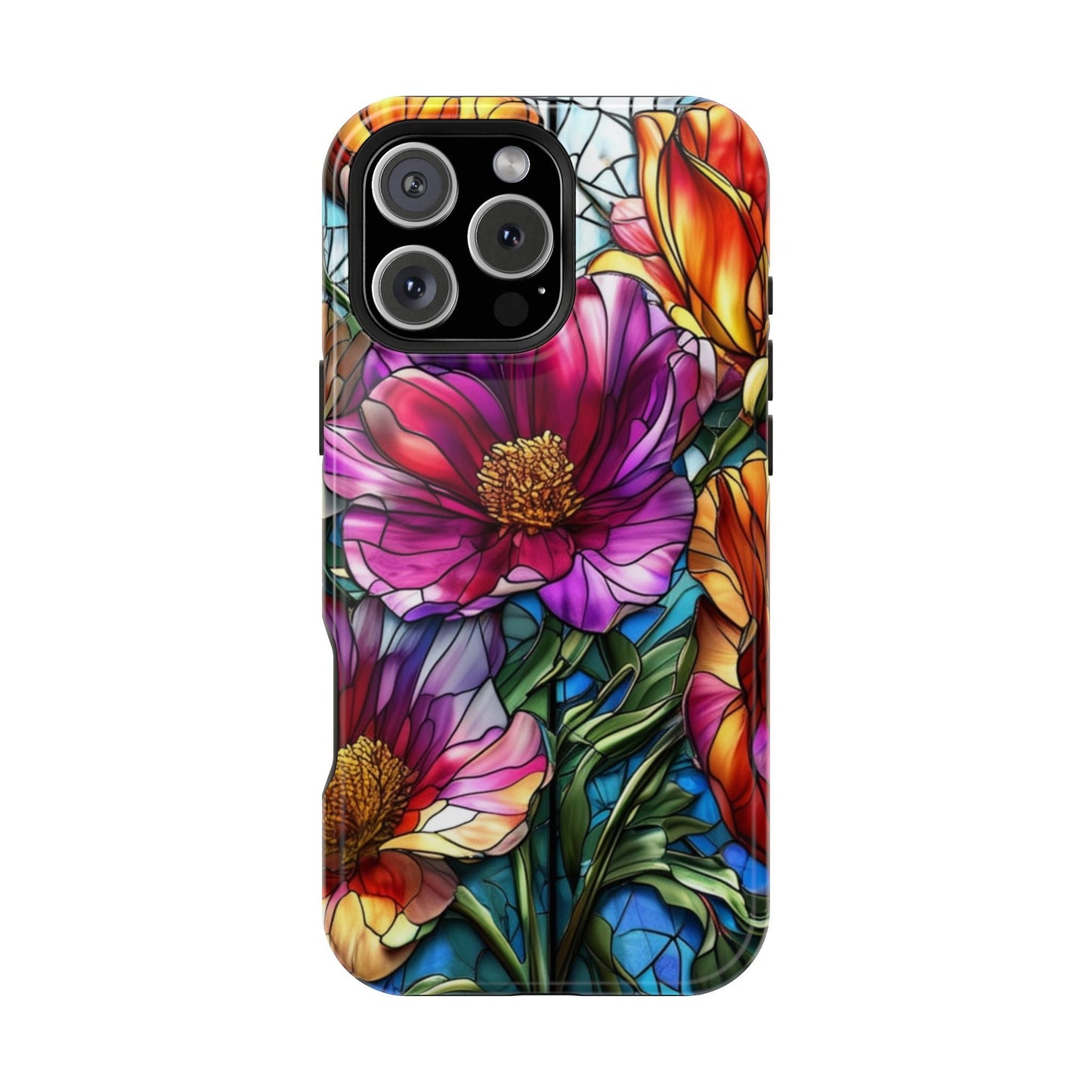 Vibrant purple flower iPhone case with durable polycarbonate and TPU liner, high-resolution floral design, MagSafe compatible, available in glossy or matte finish