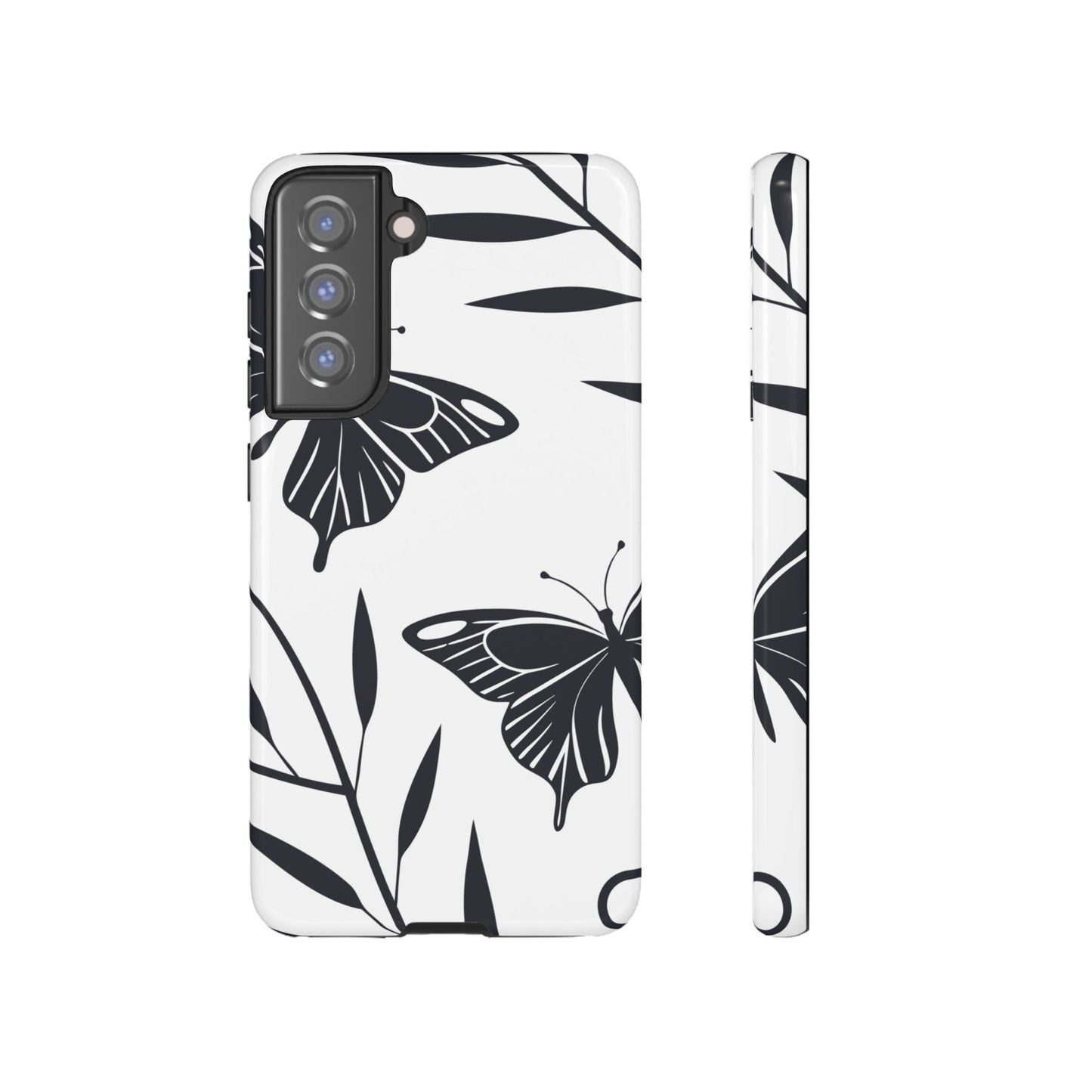 Minimalist black and white butterfly Samsung phone case with elegant 3D print and sleek protective design