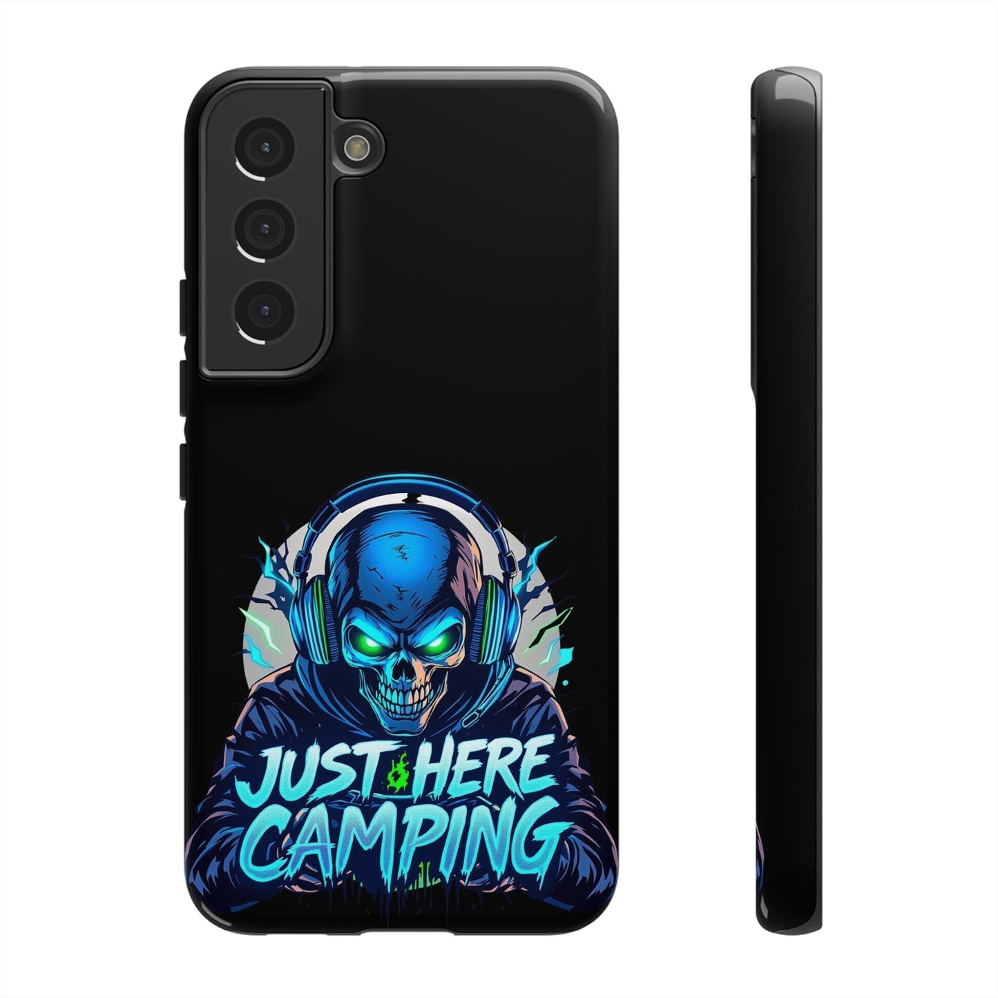Samsung Tough Case for gamers with vibrant "Just Here Camping" skull design, durable protection for Samsung Galaxy models