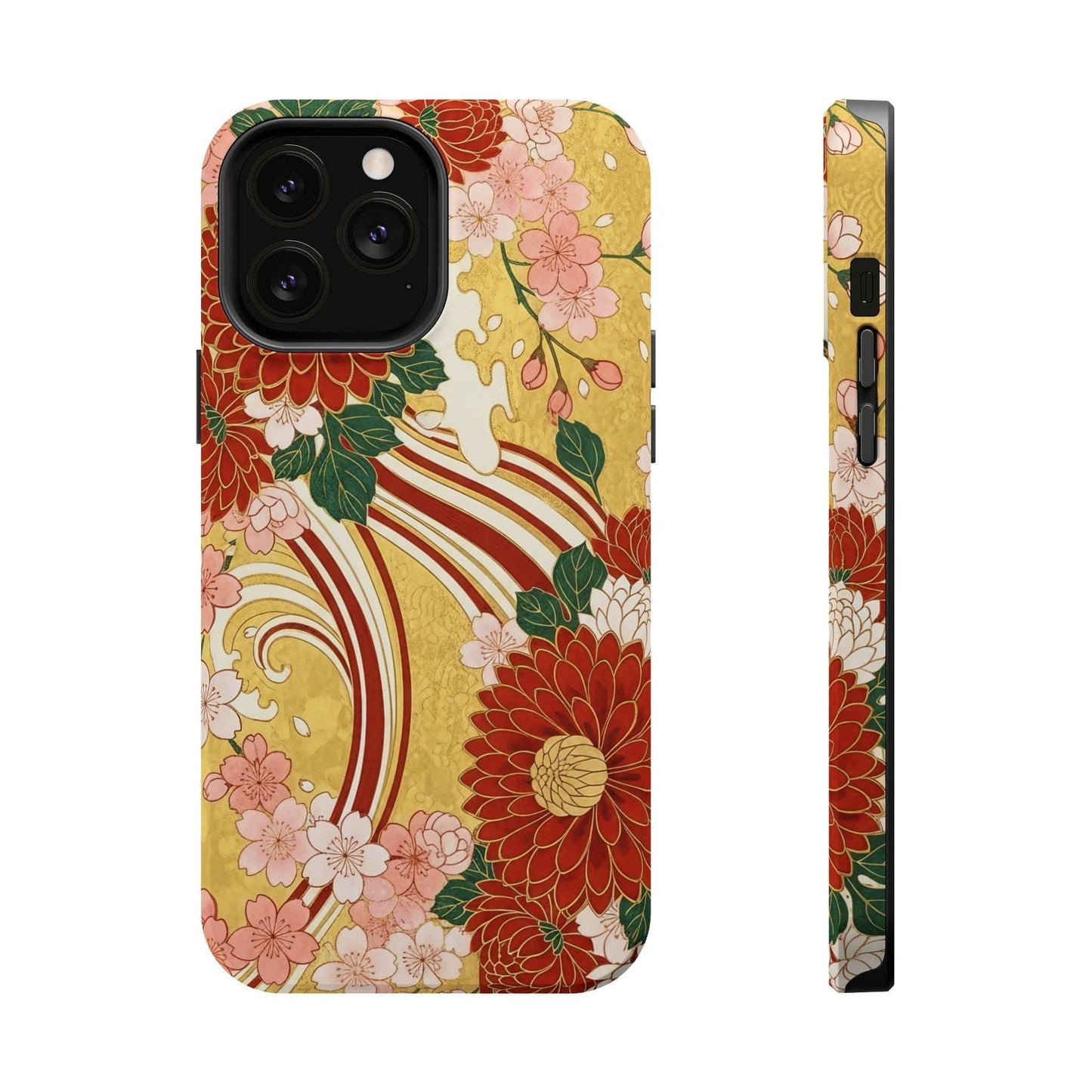 iPhone case with Japanese chrysanthemum and cherry blossom design, impact-resistant with MagSafe compatibility