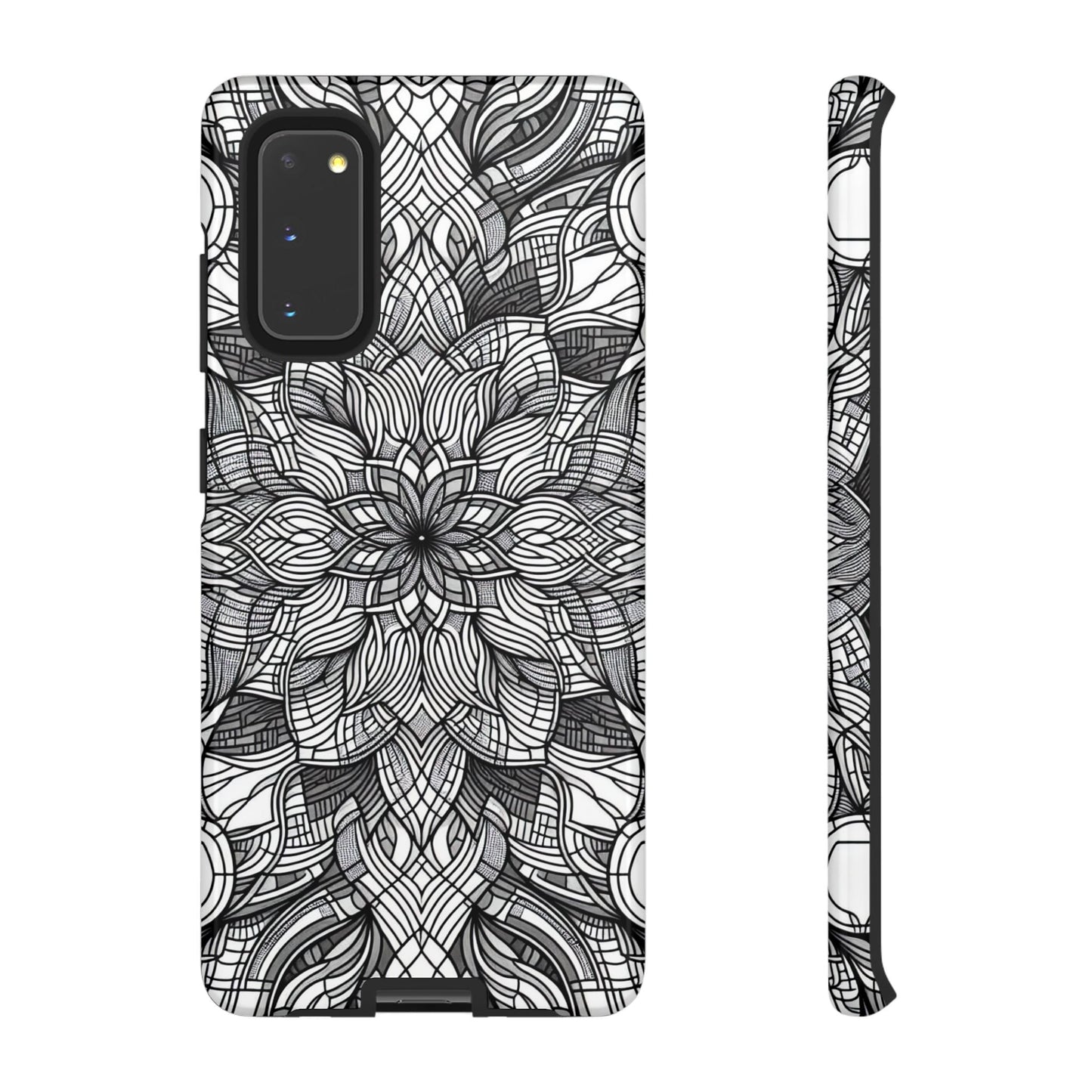 Black and white art explosion Samsung phone case with intricate floral design and full protection for Samsung Galaxy models